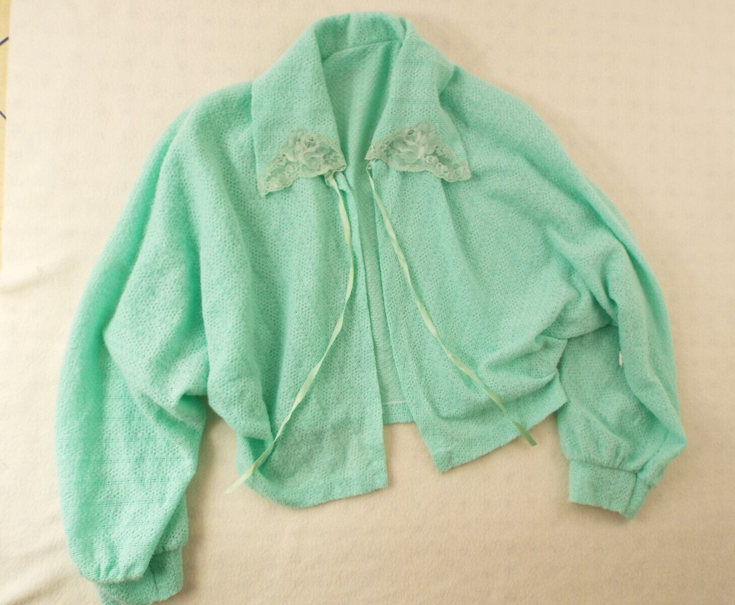 Sears Vintage BedJacket Mint Green Raglan Sleeve Tie Closure Size 12