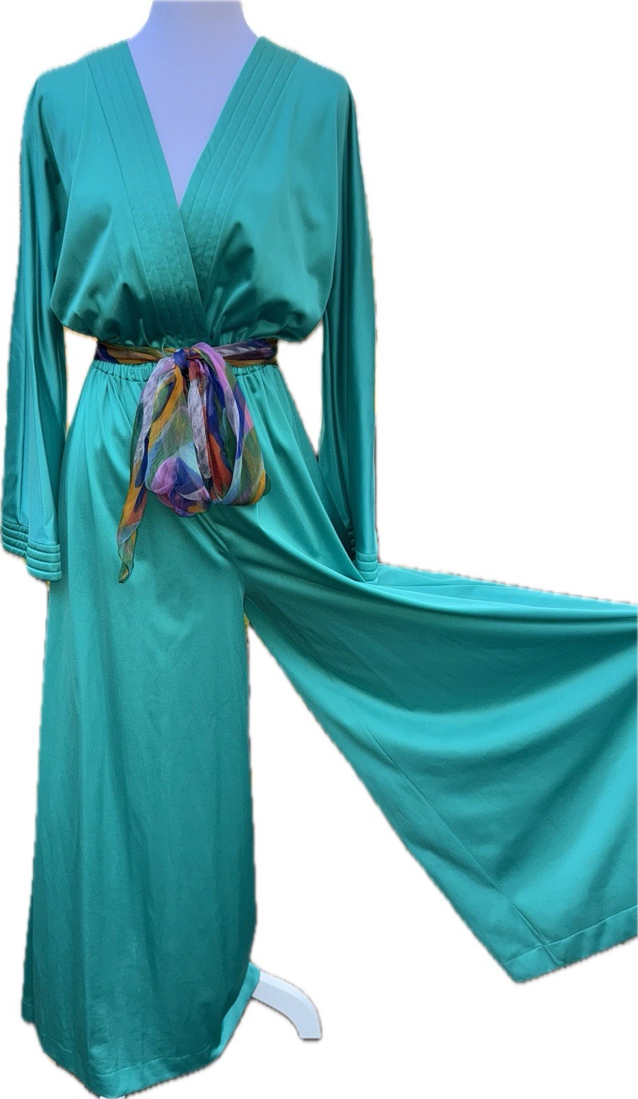 Vtg VANITY FAIR Palazzo Pants Jumpsuit 12 Green Hostess Wide Leg 60s 70s Nylon L
