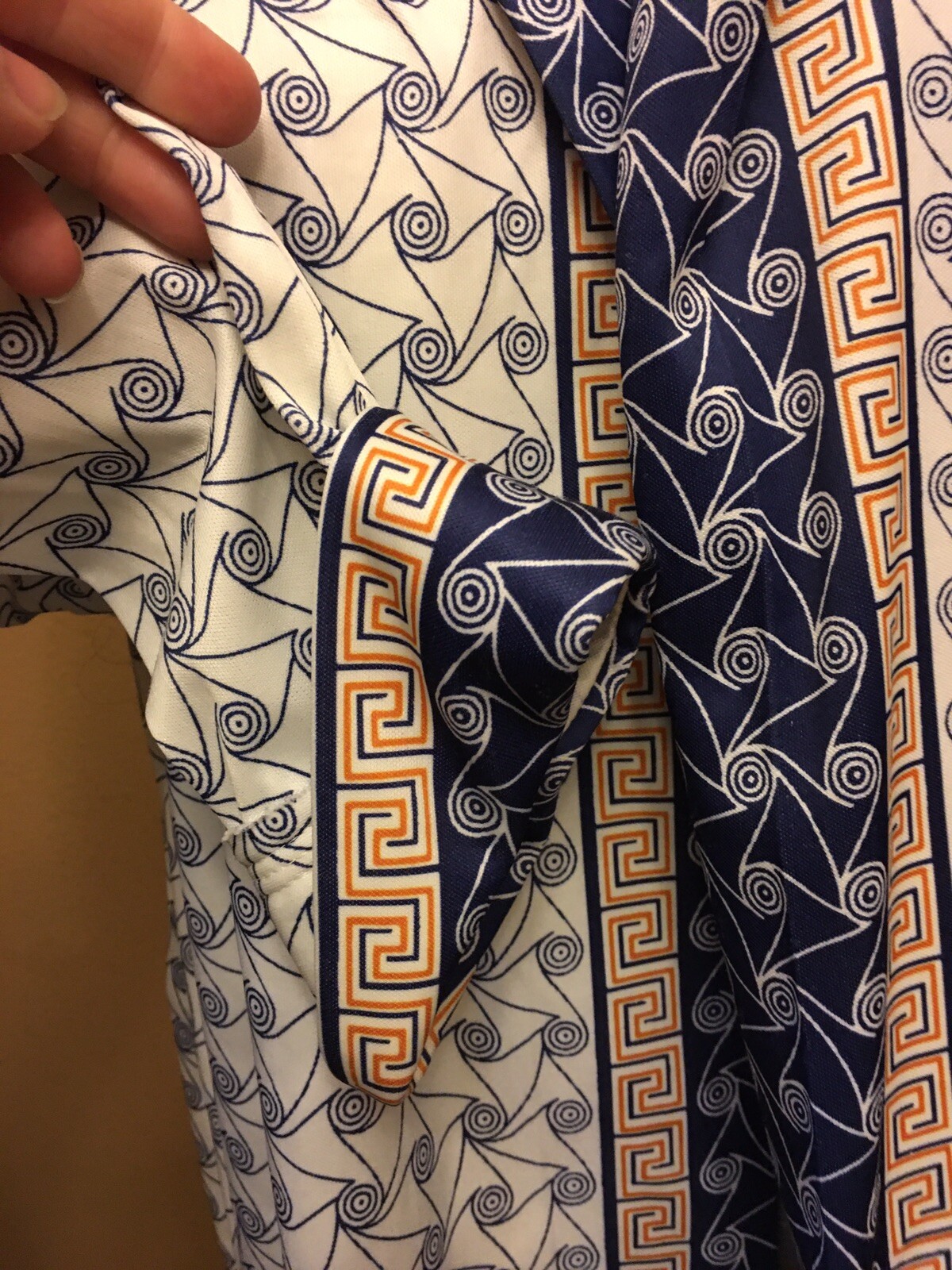 Vtg 70s Leslie Pomer Mod poly Groovy L Jacket Abstract Geometric White Blue
