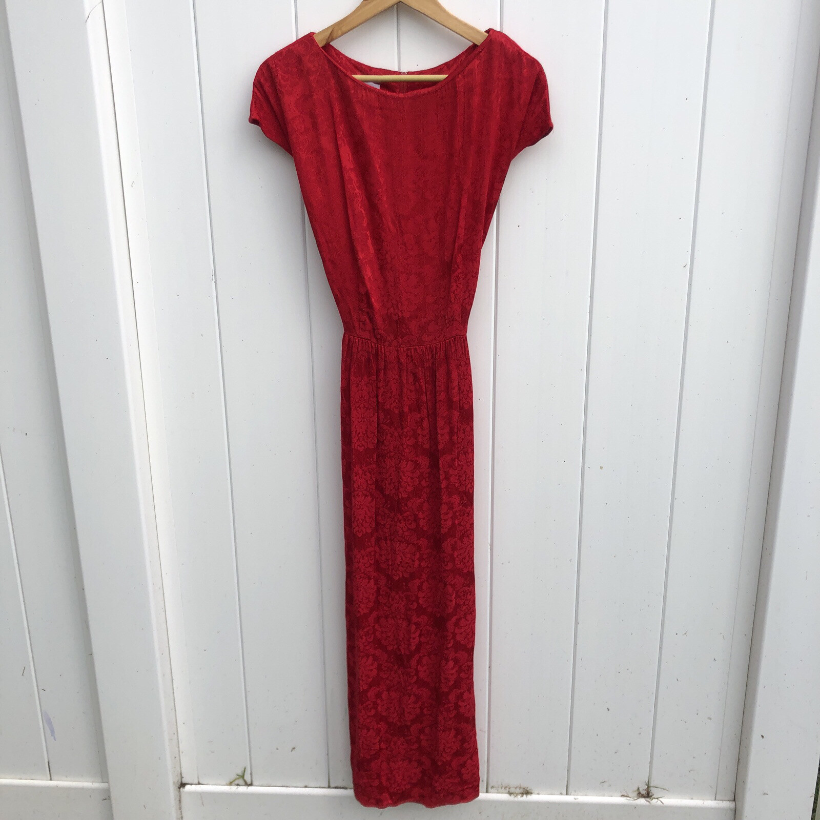Vintage K.C. Spencer Short Sleeve Dress Red Maxi Floral Tie Gown Christmas 8
