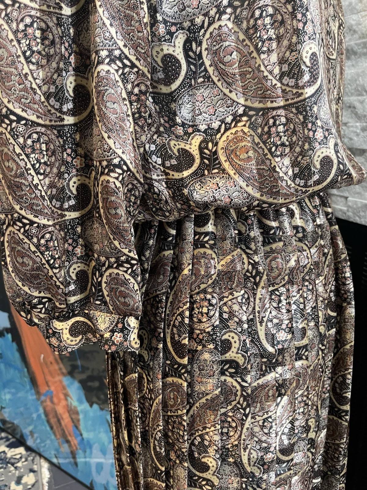 VTG Damon Brown Paisley Pleated Dress Preppy Satin Size 10 Midi 1980s Career