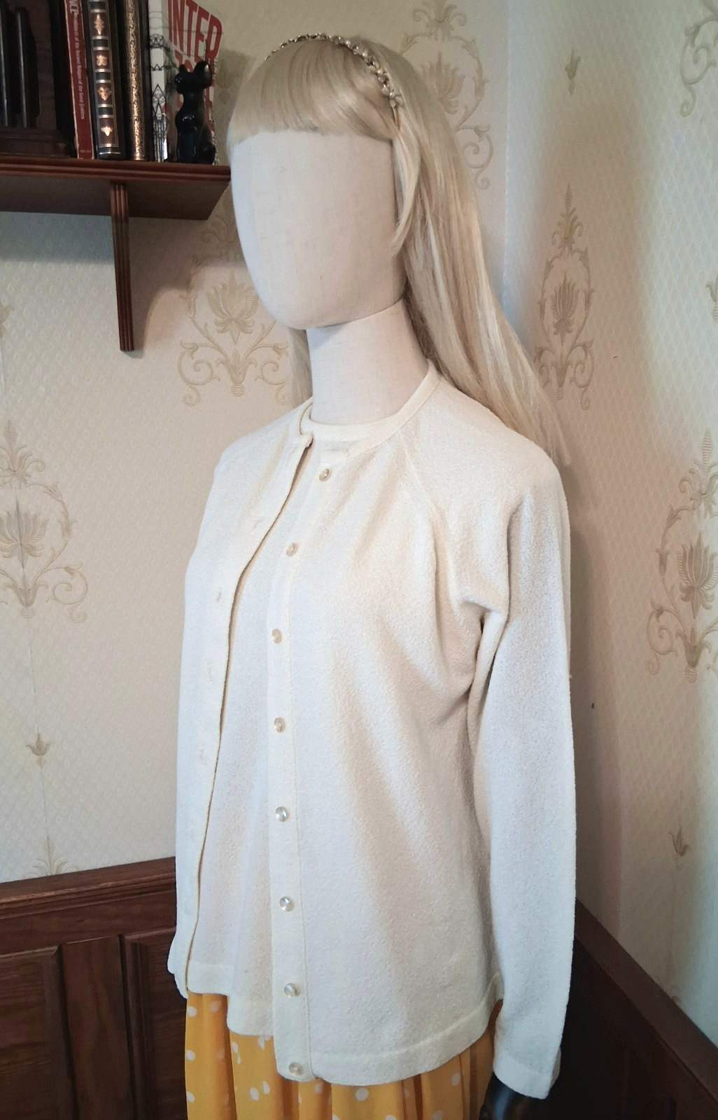 Vintage 1960s Talbott Traveler Ivory Dacron Midcentury Mod Twinset, Xl-Plus