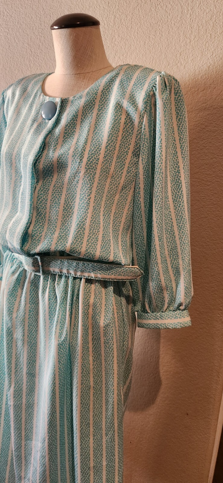 VtG Pellini 80s Aqua Blue And White Striped Belted Dress Shoulder Pads 13/14