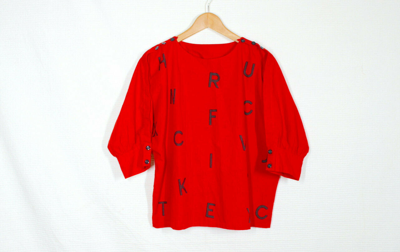 Vintage 1980s Alphabet Shirt Womens L Red 100% Cotton Novelty Retro Puff Sleeve