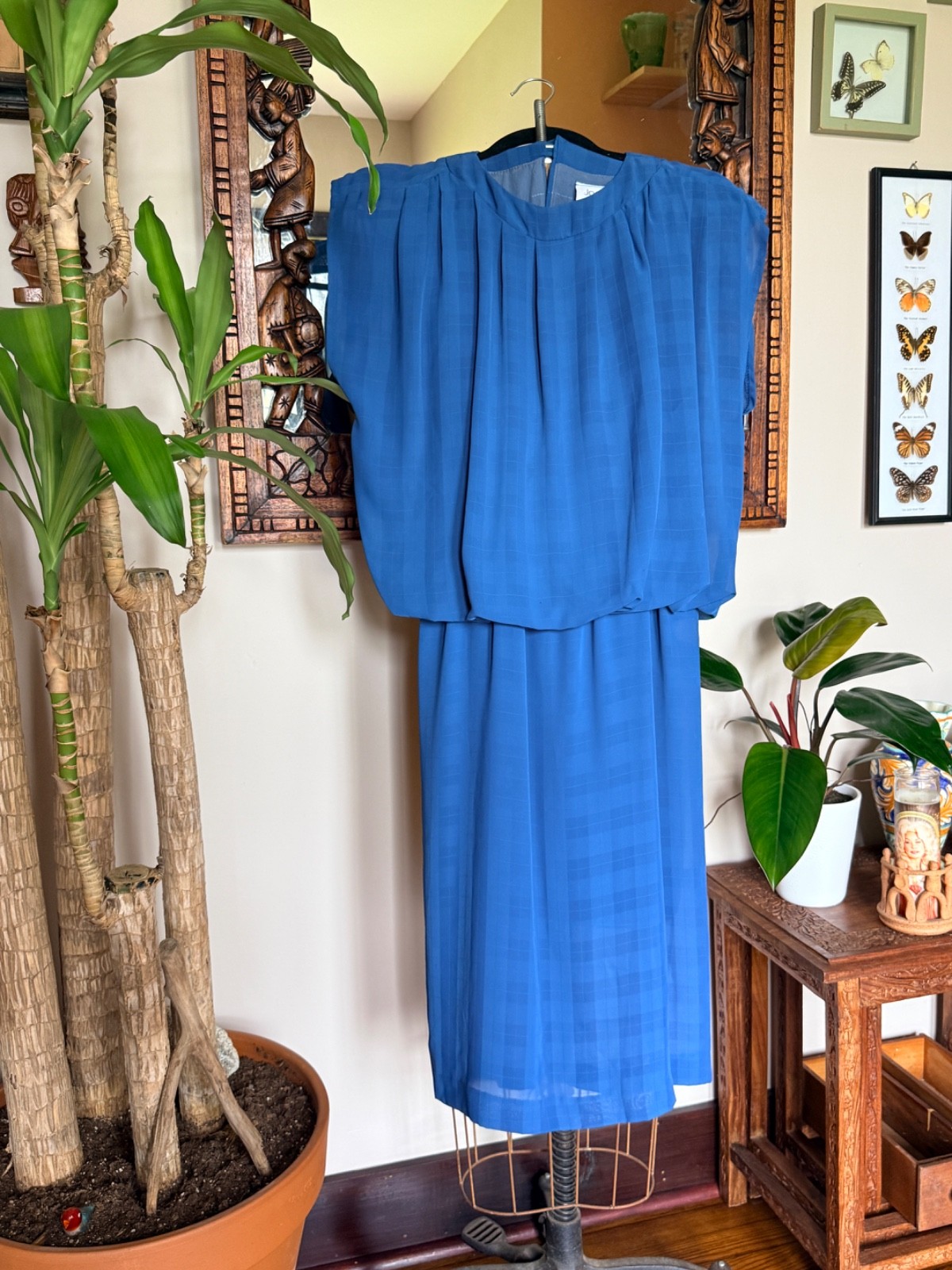 Vintage 70s Women’s Jody of California Blue Plaid Sheer Dress Size S