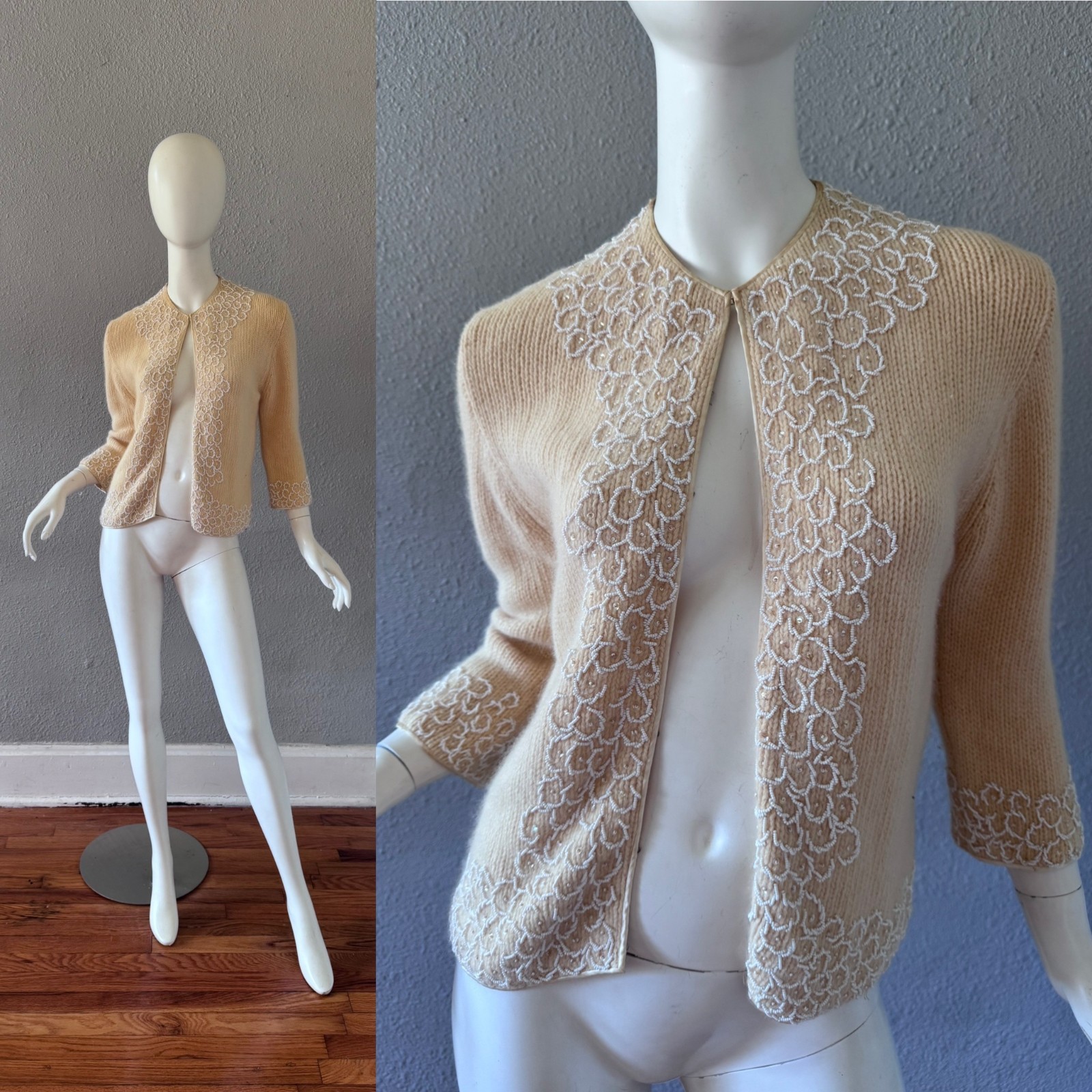 Vintage 50s 60s Rockabilly Ivory Beaded Angora Wool Cardigan Sweater M
