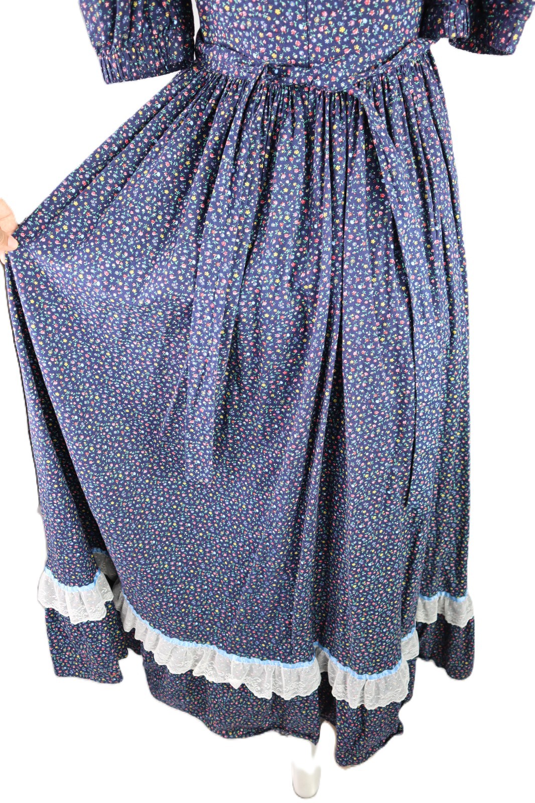 VTG 70s 8 S M Cottage Prairie Floral Print Long Maxi Lace Half Sleeve Dress Blue