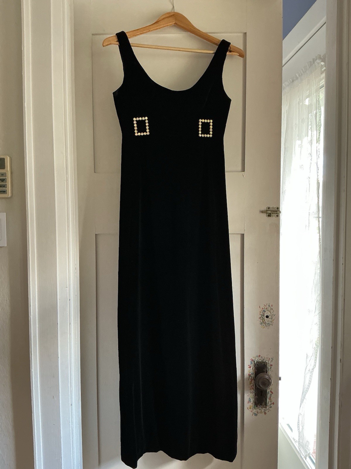 VTG Formal Dress Black Velvet Empire Waist Maxi Full Length Rhinestone Buckles S