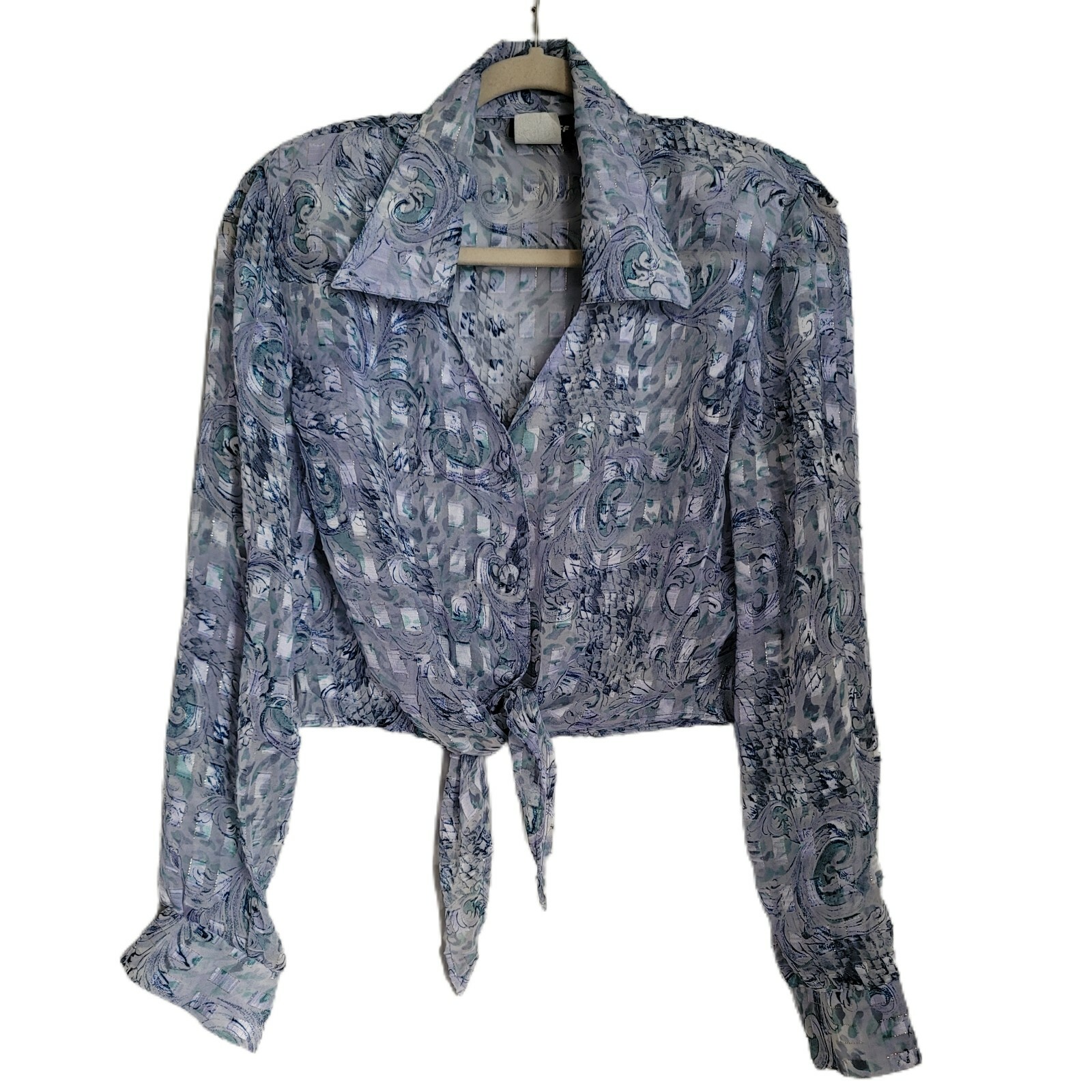 Vintage 90s Hot Stuff Top L Large Blue Y2K Button Up Tie Long Sleeve Paisley