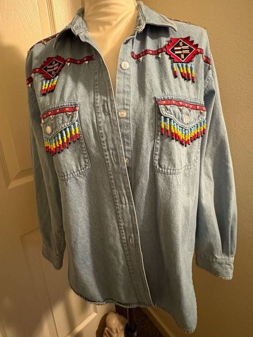Vintage 90’s Lew Magram Southwest Style Denim Shirt with Beaded Fringe and Stu