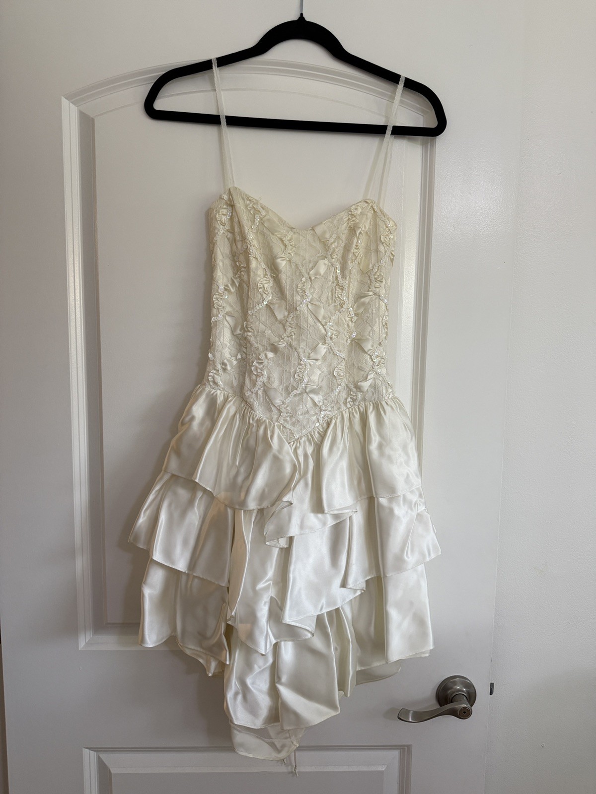 Vintage 80s Roberta 4 Ivory Satin Tiered Ruffle Prom Party Mini Dress Coquette