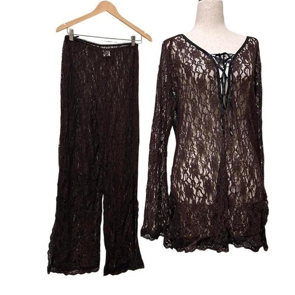Vintage Twiggy Brown Floral Lace 2 Piece Set Tunic Top and Wide Leg Pants Small