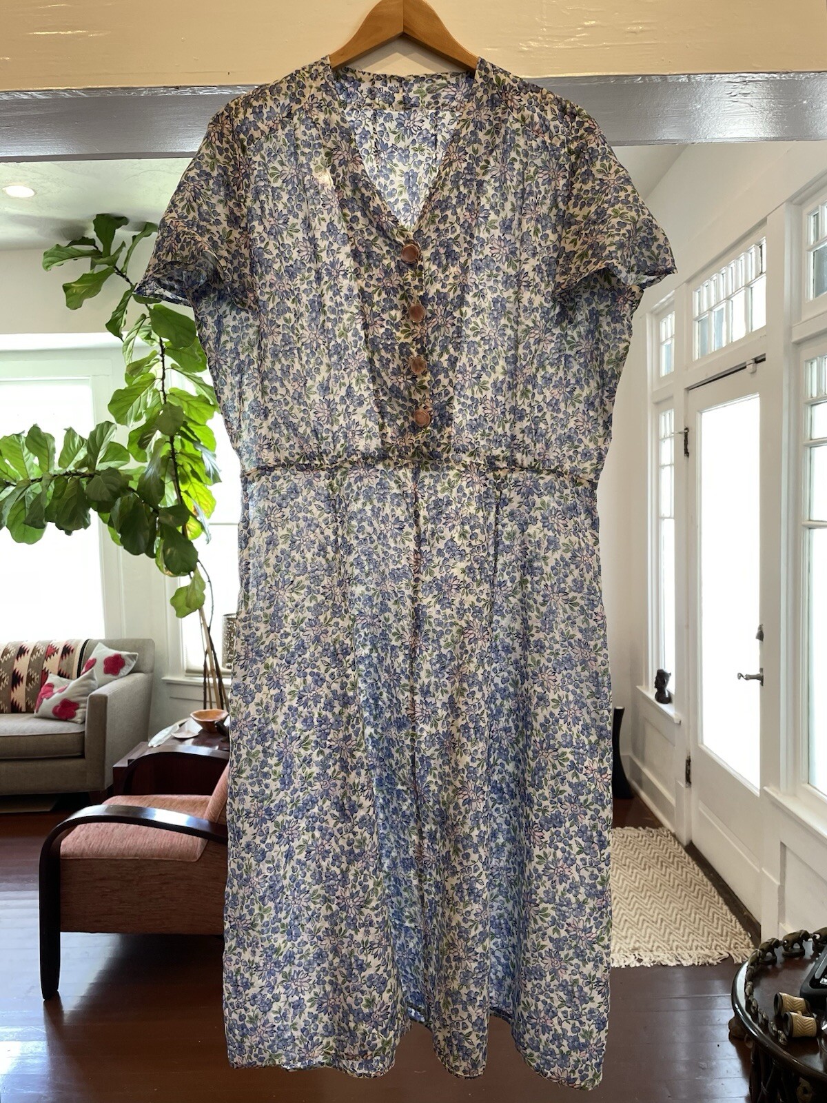 VTG 40s Day Dress White W/Blue Pink Floral Print 100% Cotton 36 Waist (Many Flaw