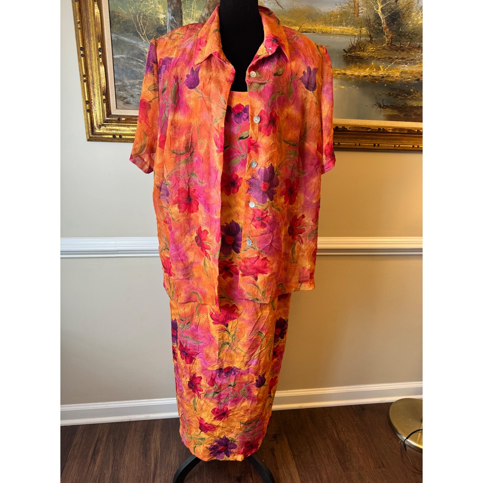 Lisa II Ltd Vintage Floral 2 Piece Maxi Dress and Shirt Set Orange Pink 18W