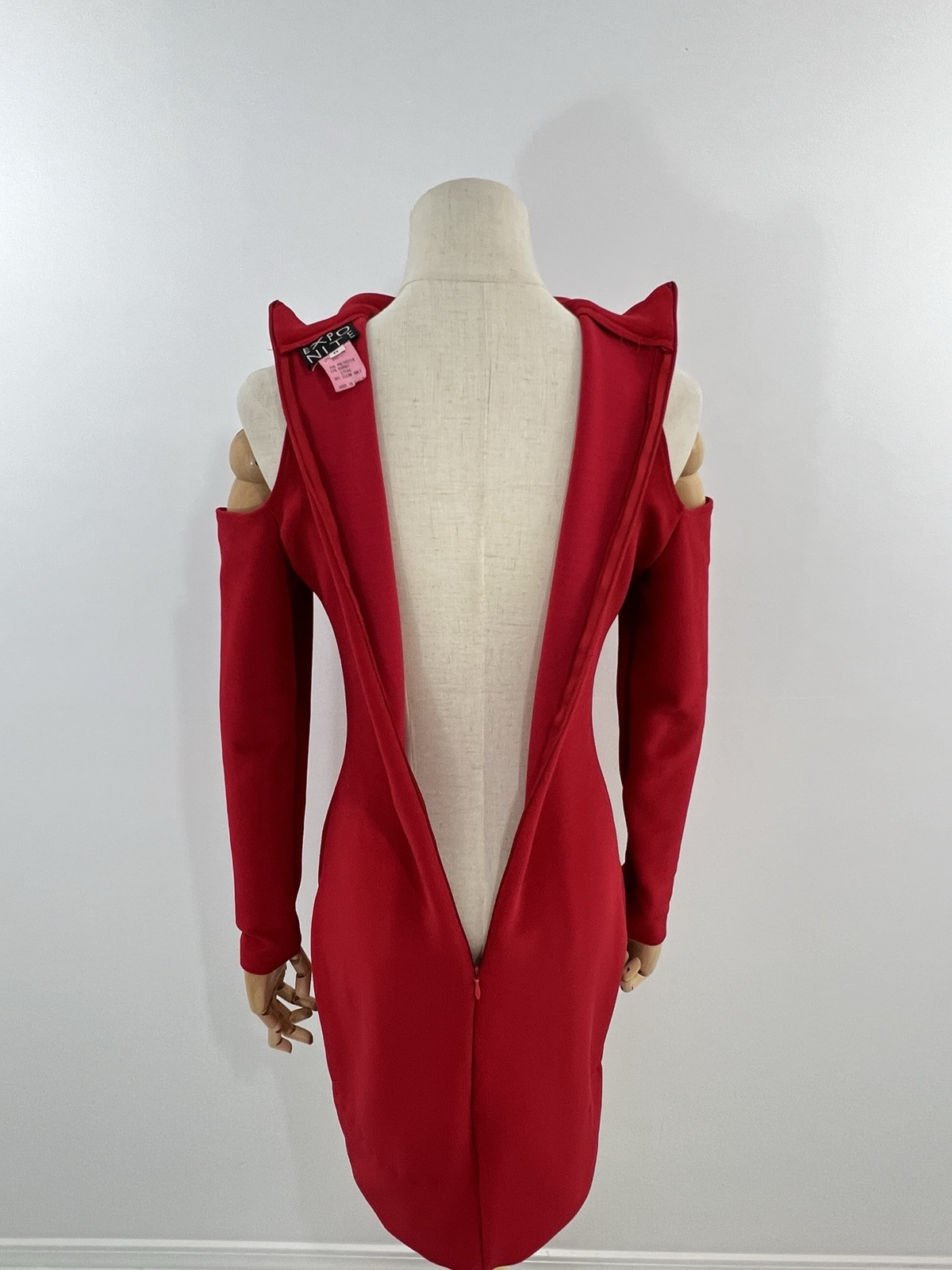 VTG Expo Night Dress Red Bodycon Cold Shoulder Long Sleeve 80s 90s Red 8 Stretch