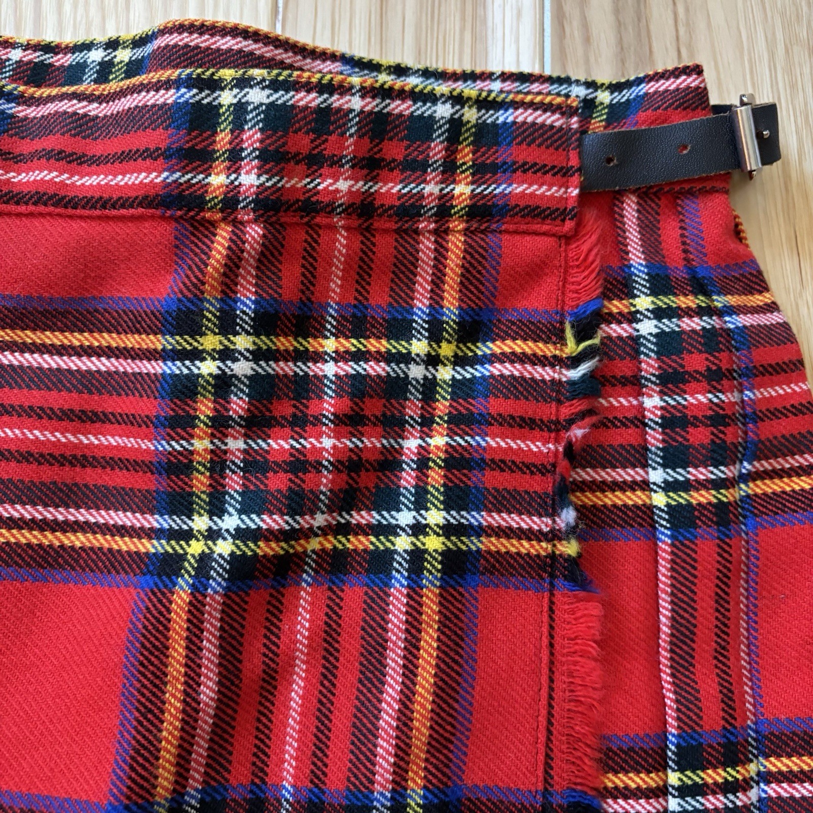 Vintage Pleated Red Plaid Wool Blend Buckle Accent Wrap Style Skirt