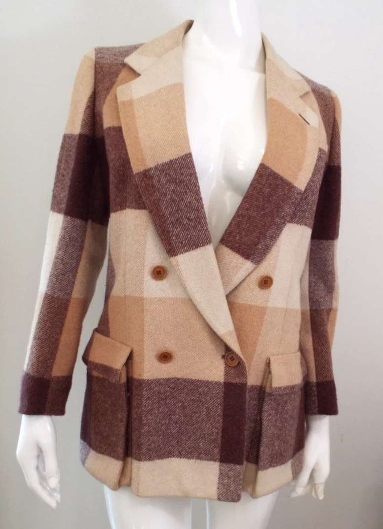 Vintage Giorgio Armani Wool Plaid Color Block Coat Jacket Italy 1980s 90s Small