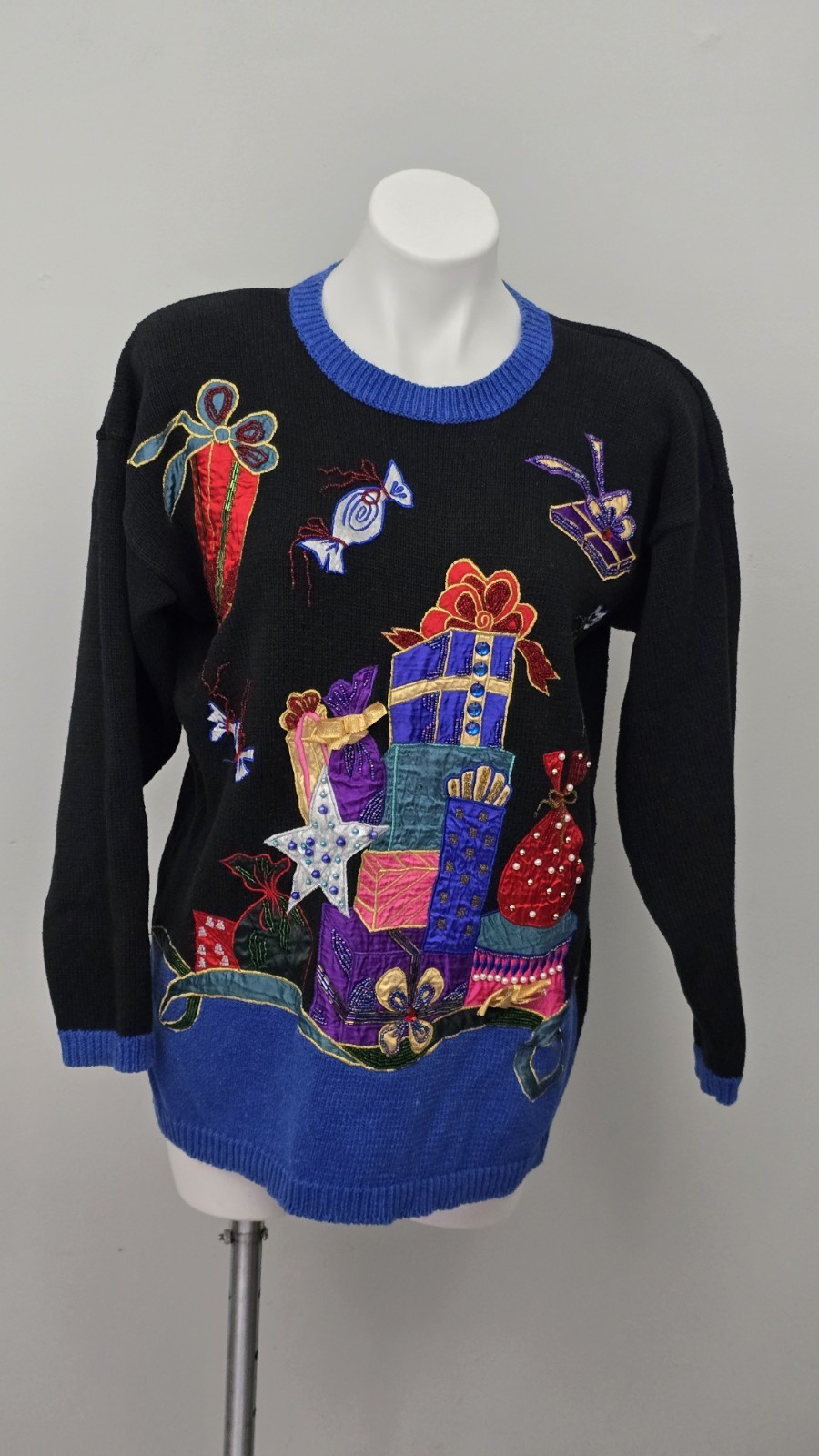 Vtg. Yarnworks Ugly Christmas Sweater Presents Candy Embroidery Beads, Medium