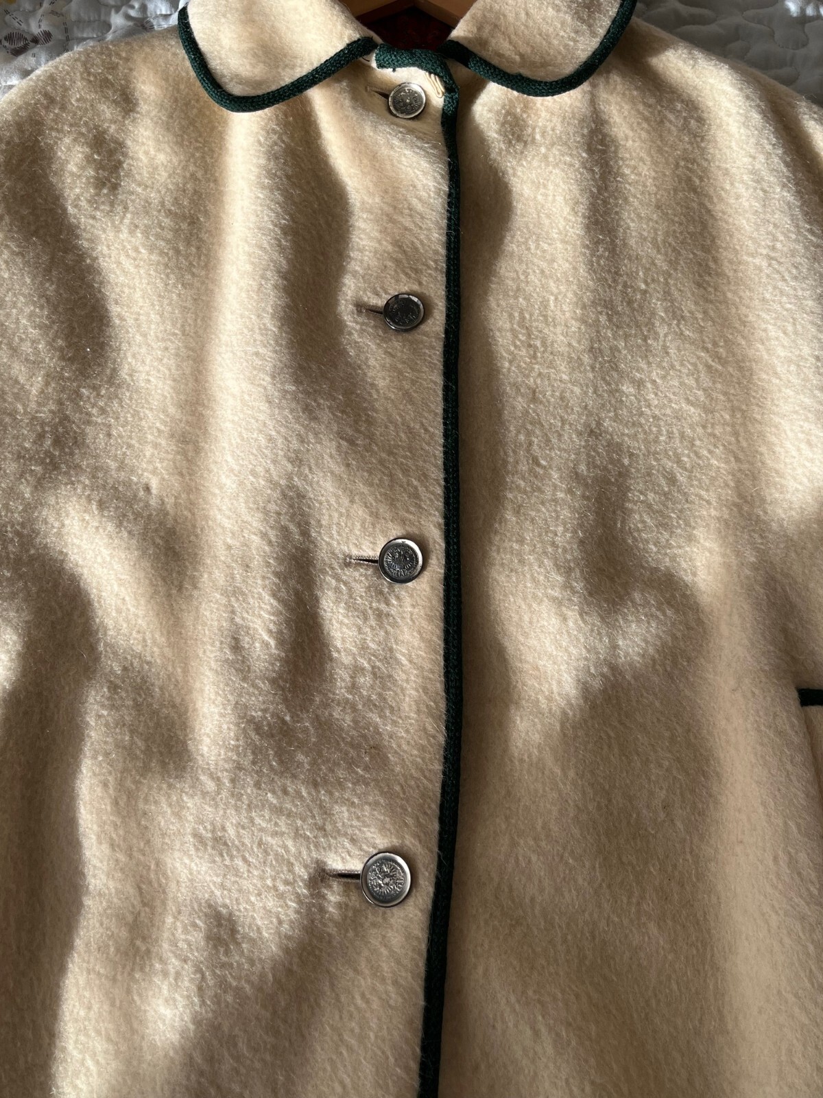 Vintage Loden Wool Cape, off-white with deep green trim, fully lined, size med