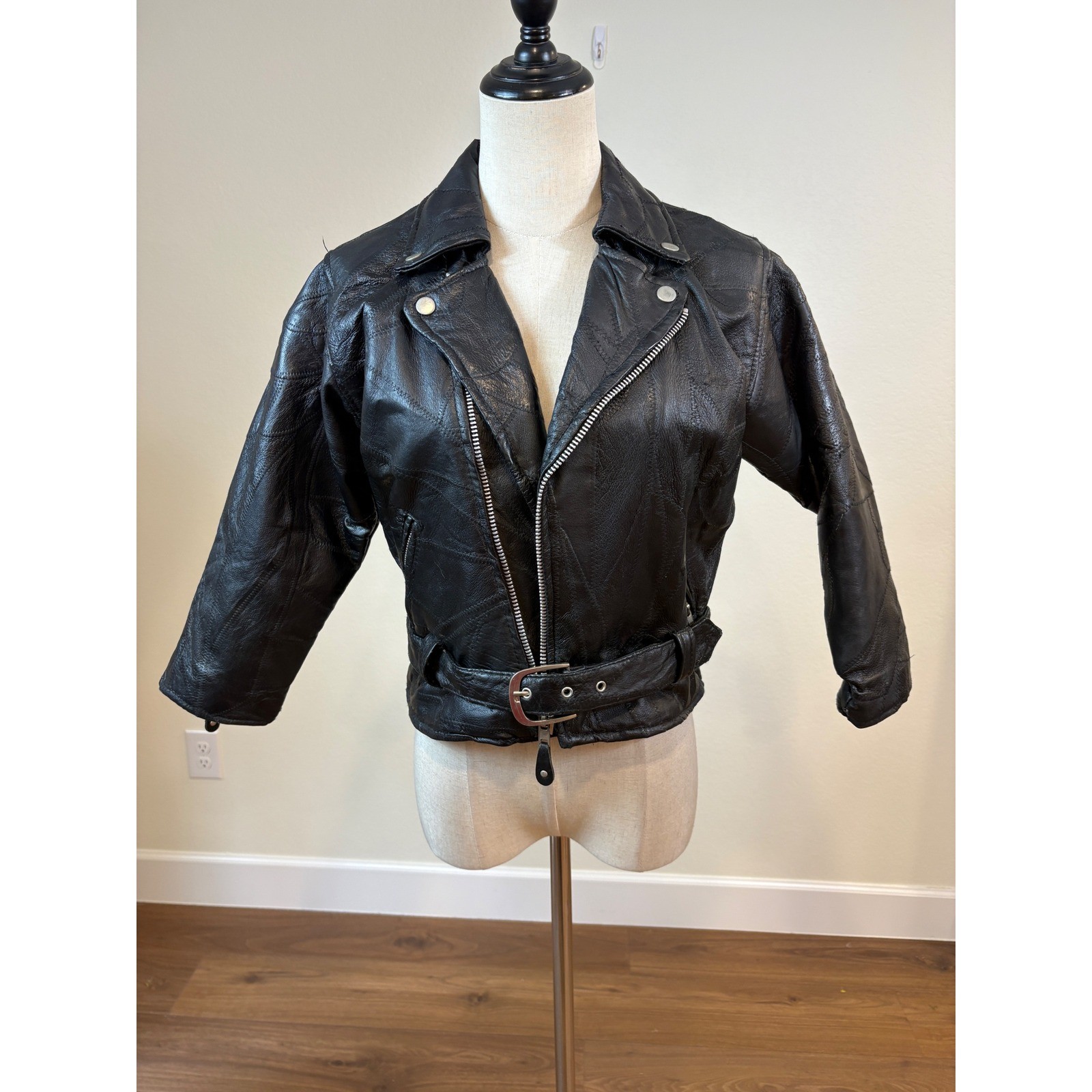Vtg Diamond plate Leather Moto Jacket Women S Black Patchwork Cropped Biker Punk
