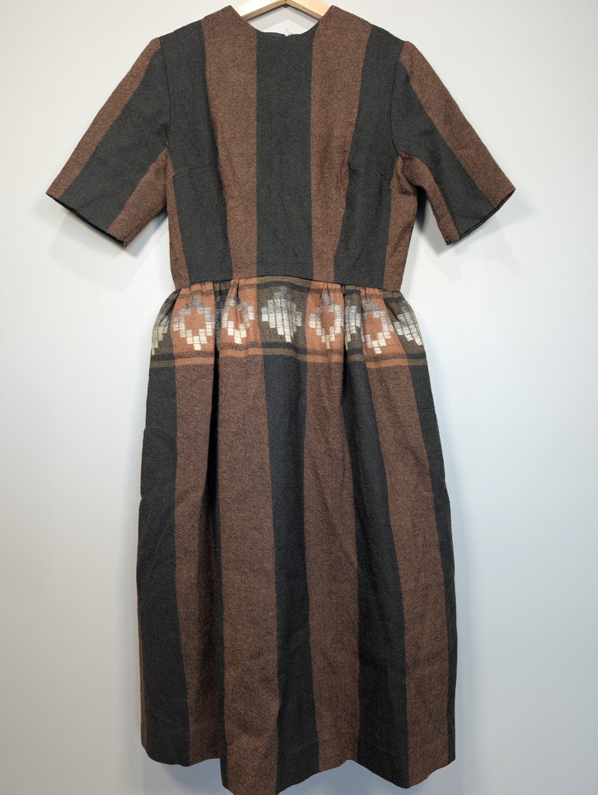 Vintage Southwestern Wool Blend Midi Dress Brown Grey Striped Geometric Waist