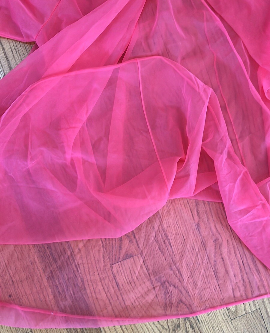 60s Vtg Pale Red Sheer Nylon MIDI Robe Chiffon & Lace Boudoir Lingerie Sexy