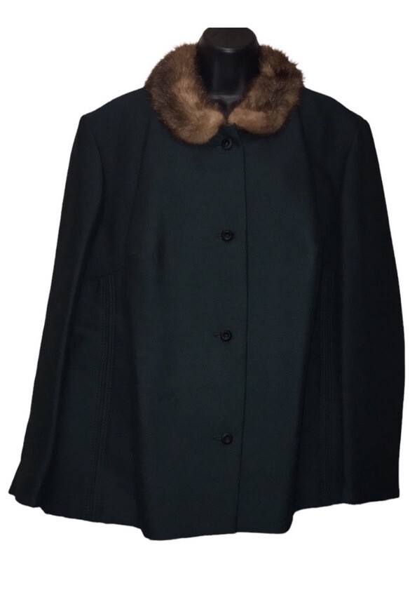 Vtg REINE WOLLE Deep Green Faux Fur Collar Button Coat~MCM~See Measurements~READ