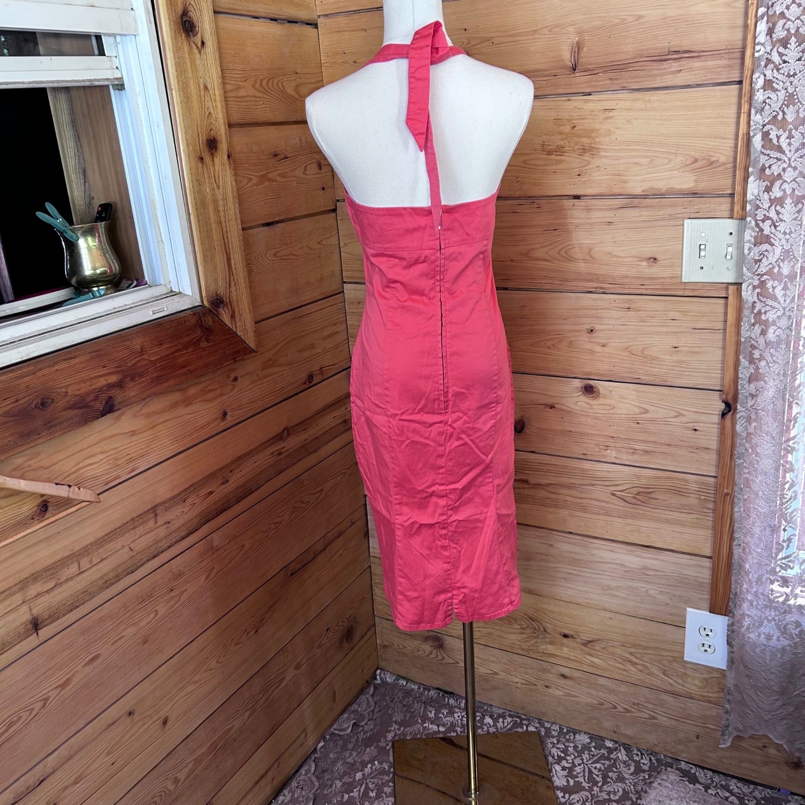 Vintage Halter Wiggle Dress Women Large Coral Pink Ruched Sweetheart Sweet Soul