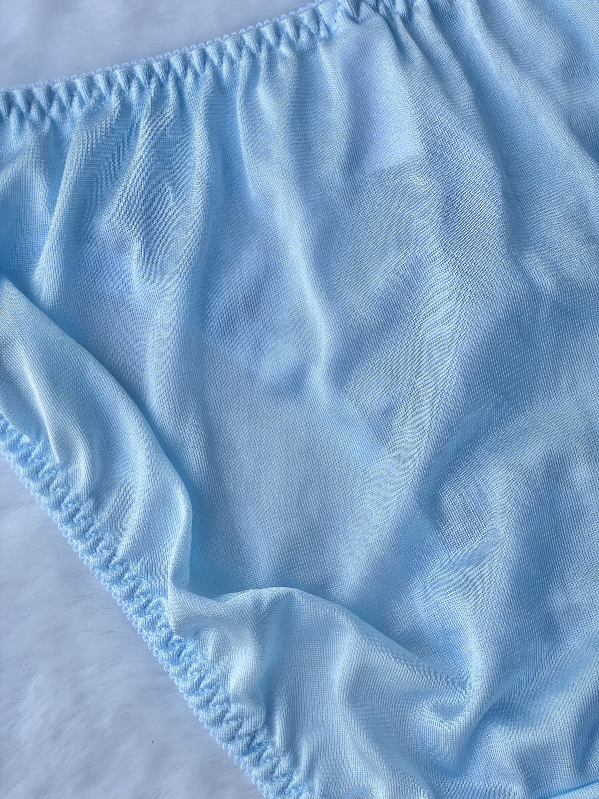 Vtg Slippery Powder Blue Nylon Panty Sheer Lace Hi Cut Briefs SZ.5-6 Hip 35-38″