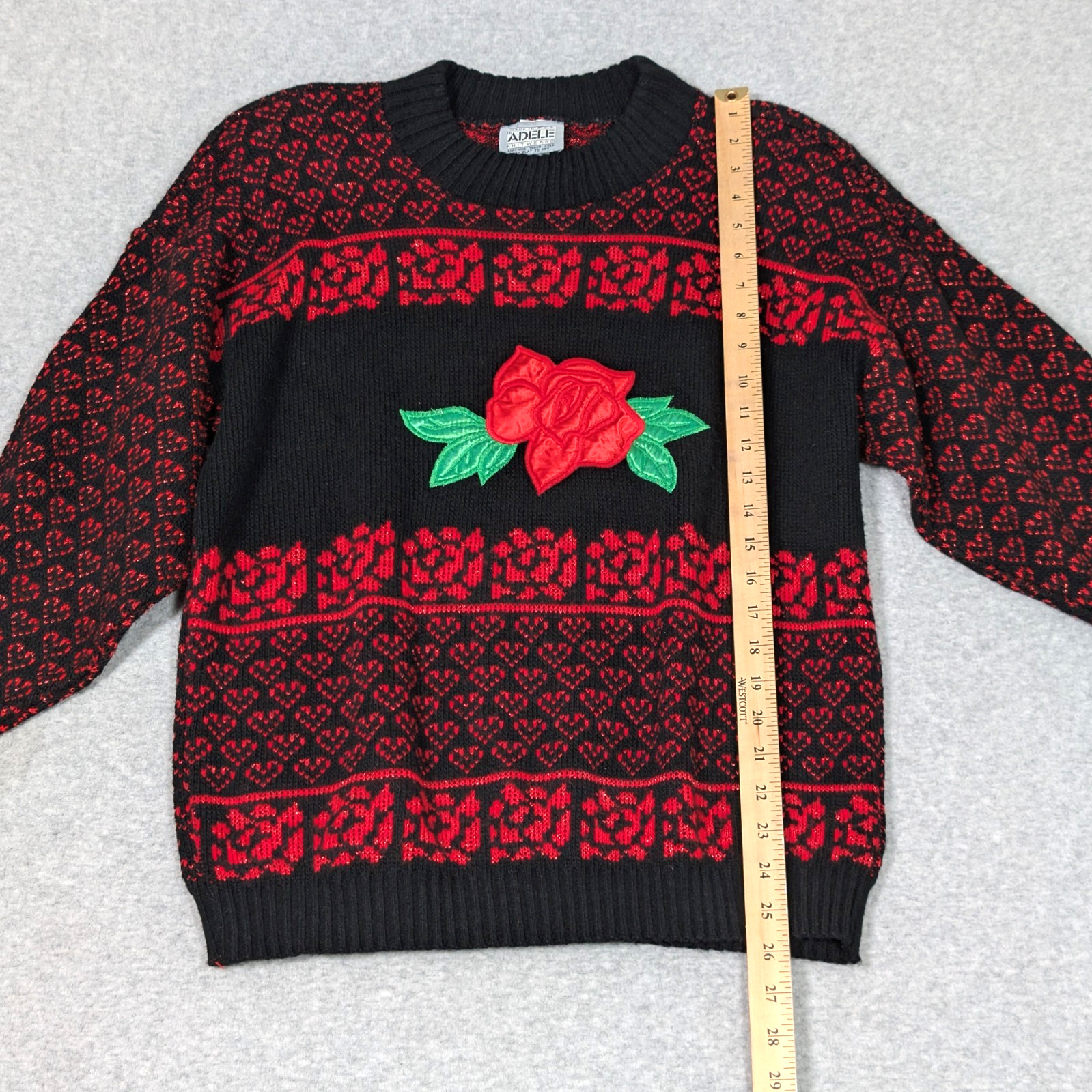 Vintage 80s 90s Adele Knitwear Sweater Roses & Hearts Black Red Shoulder Pads