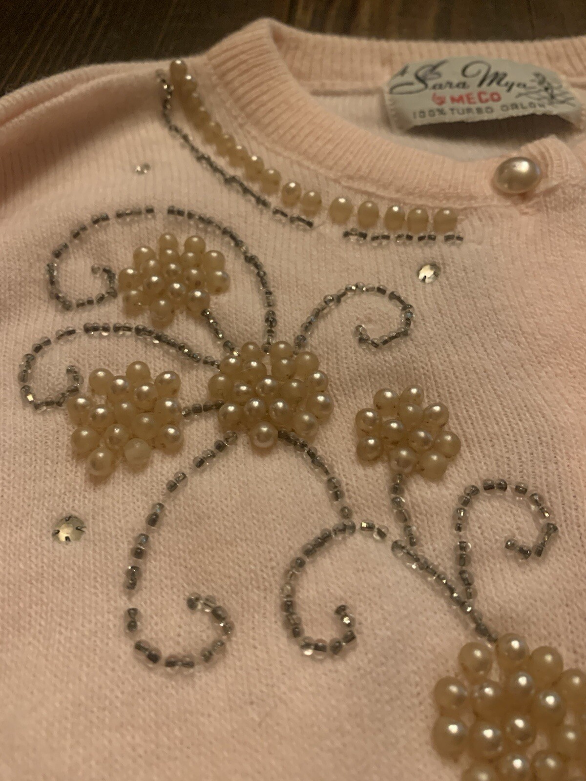 Vintage A Sara Mya By Meco 100% Turbo Orlon 1950’s Pink Embroidered Sweater