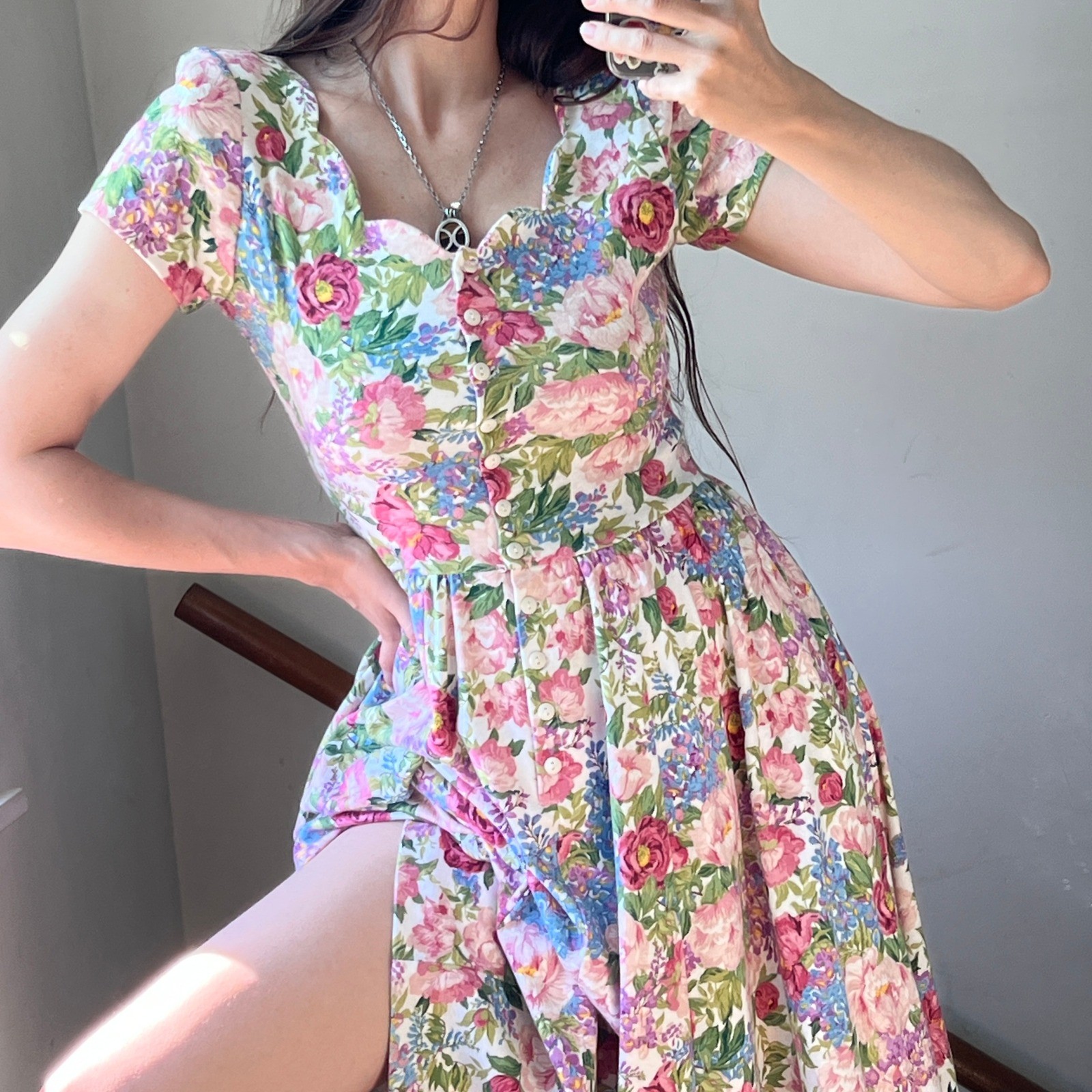 Vintage Floral Tea Party Dress Sweetheart Button Front Cottage Feminine Small