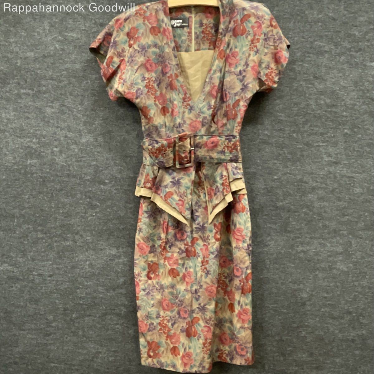 Vintage 80s Dawn Joy Fashions Women’s Multicolor Floral Peplum Belted Dress