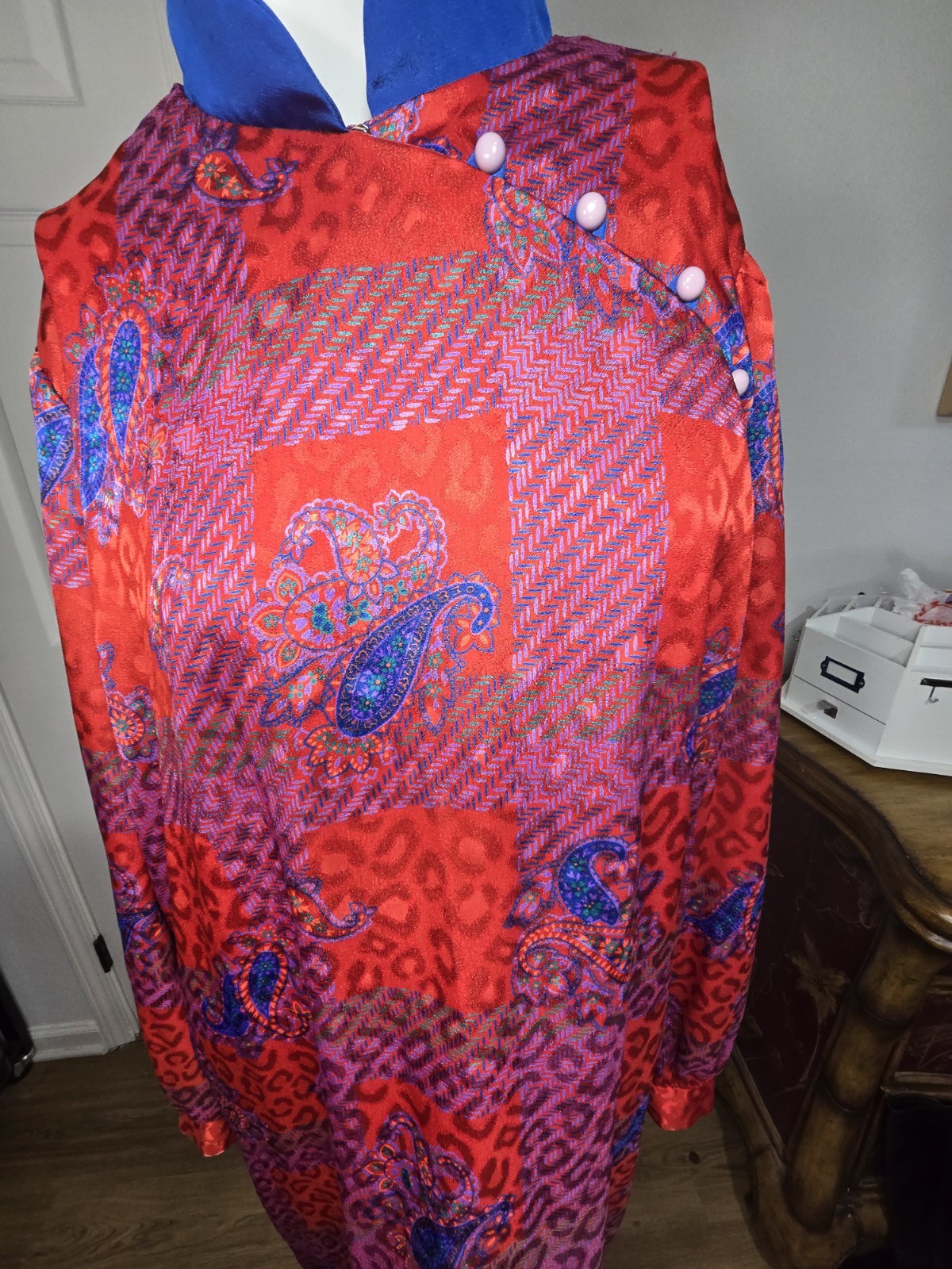Vintage 80s/90s David Warren DW3 Asian Style Collar Poly Long Sleeve Shift Sz 16