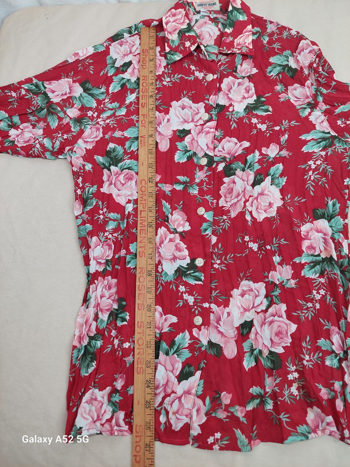 Vintage GUESS Jeans Floral Blouse USA S Red Pink Roses Button Up 90s Cottagecore