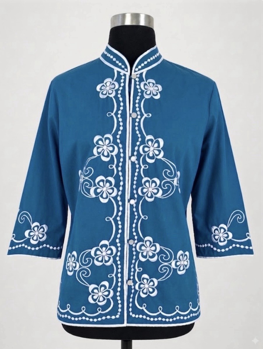 Women’s Vintage 1970s Caro of Honolulu Blue Embroidered Tunic Top Sz 12