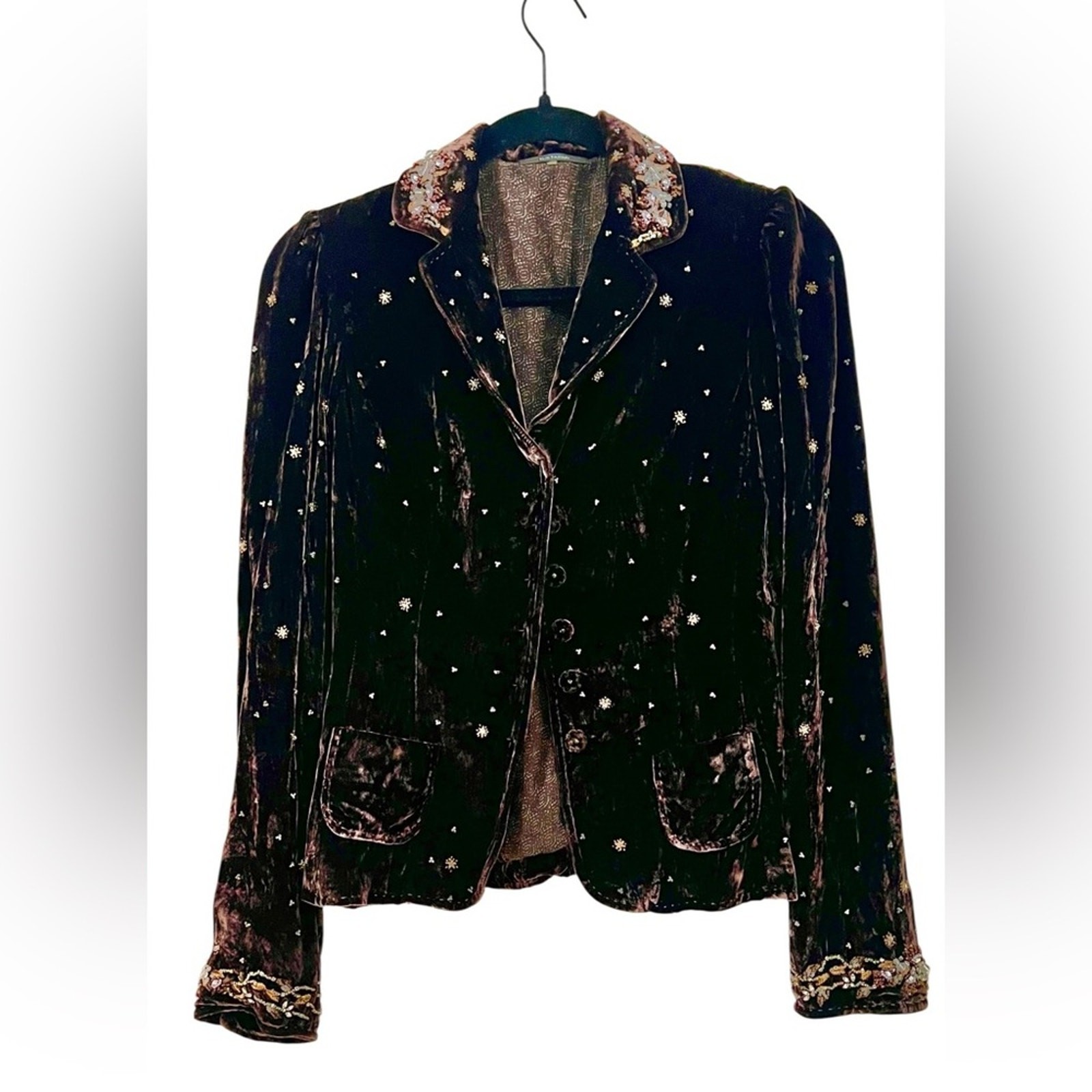 Elie Tahari Velvet Blazer Beaded Silk Crushed Chocolate Brown Y2K Mob Wife XS