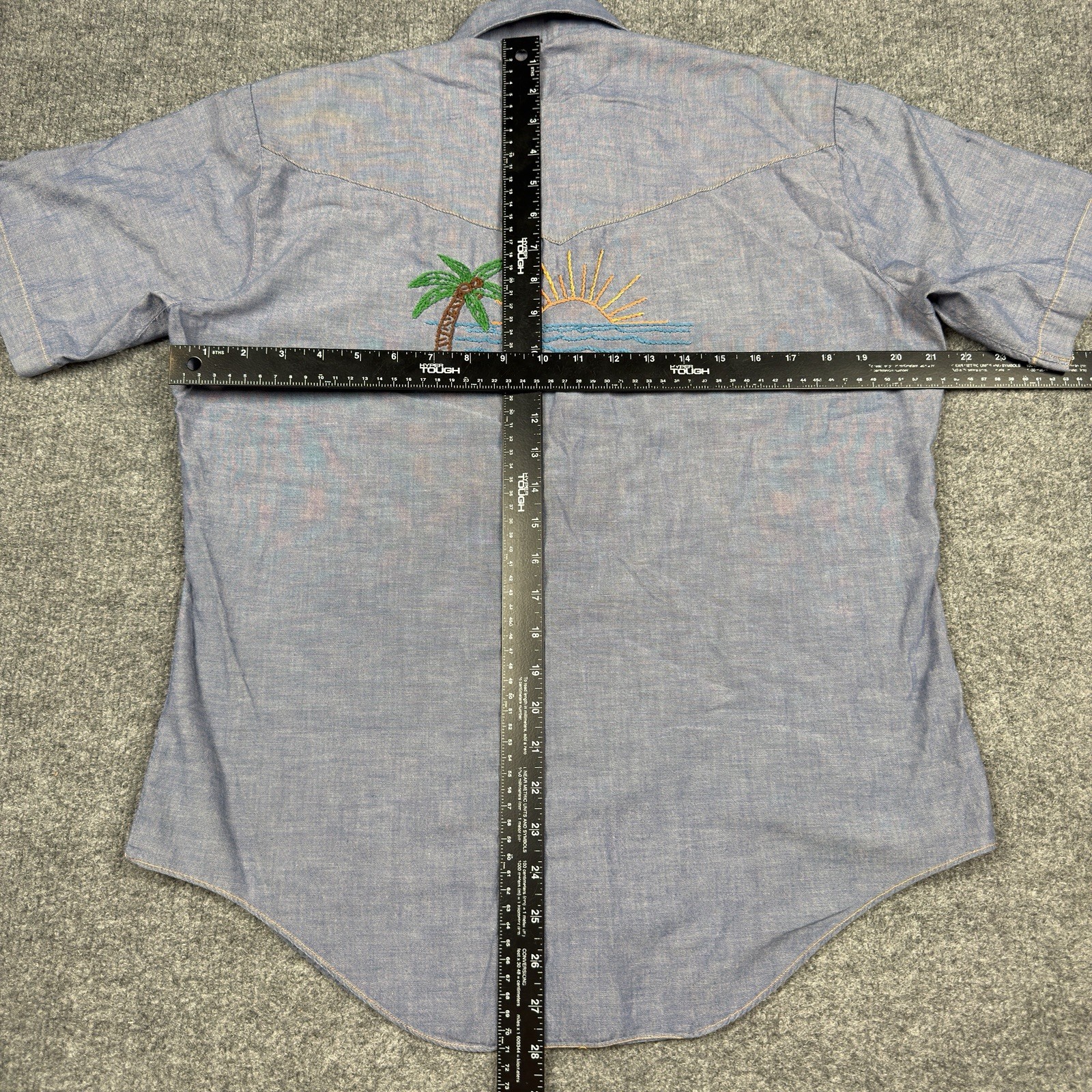 VTG 70s Sears Western Wear Pearl Snap Shirt Womens M Blue Chambray Embroidered