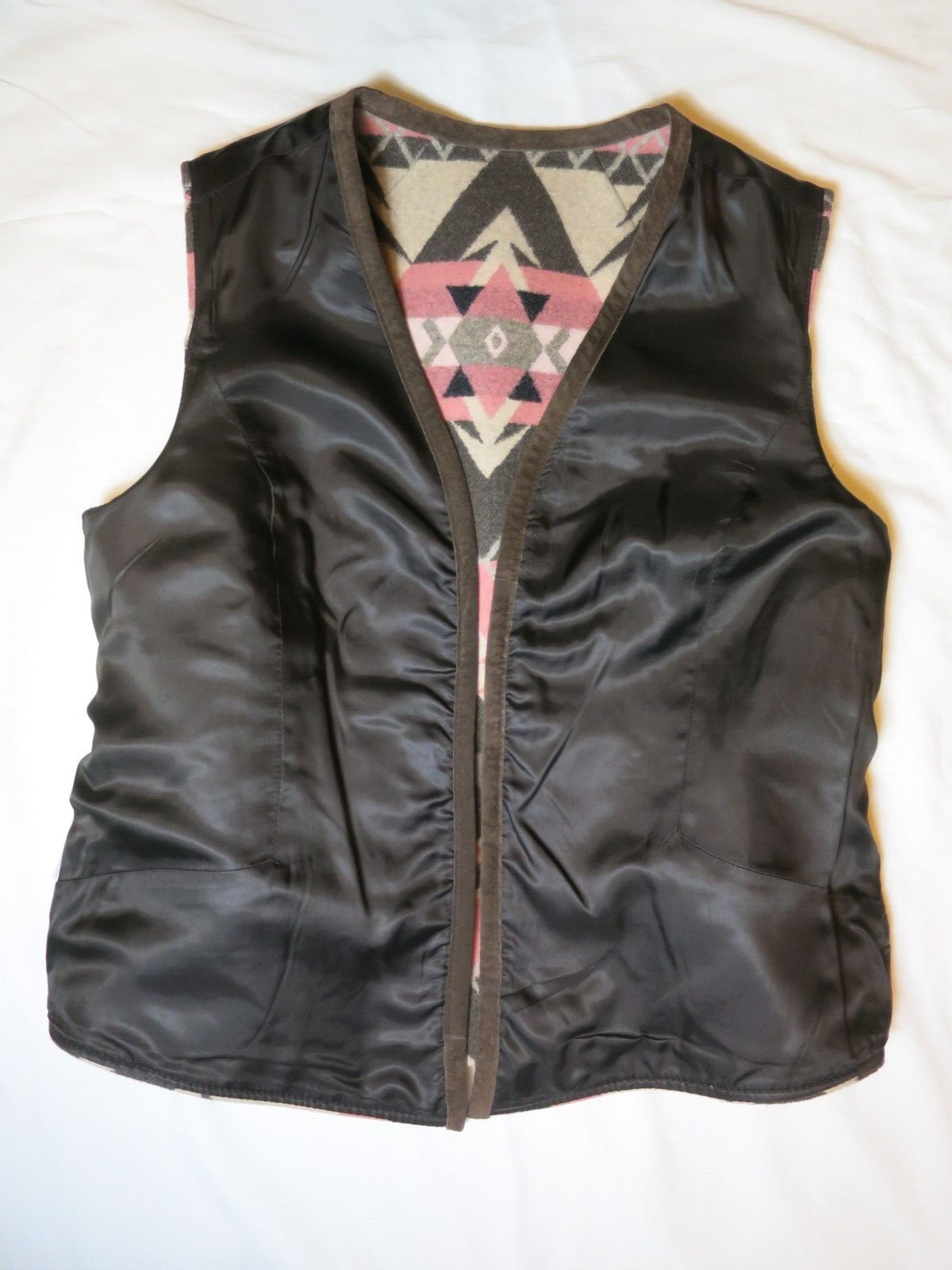 Vtg Pendleton Vest Wool Suede Trim Brown Beige Salmon Tassels Southwest Medium