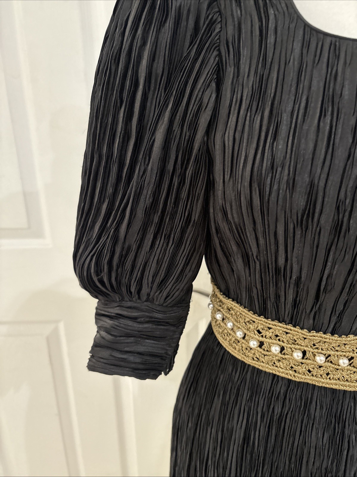 Mary McFadden Pleats Dress Vintage 80s Puffed Sleeve Size 4 Black