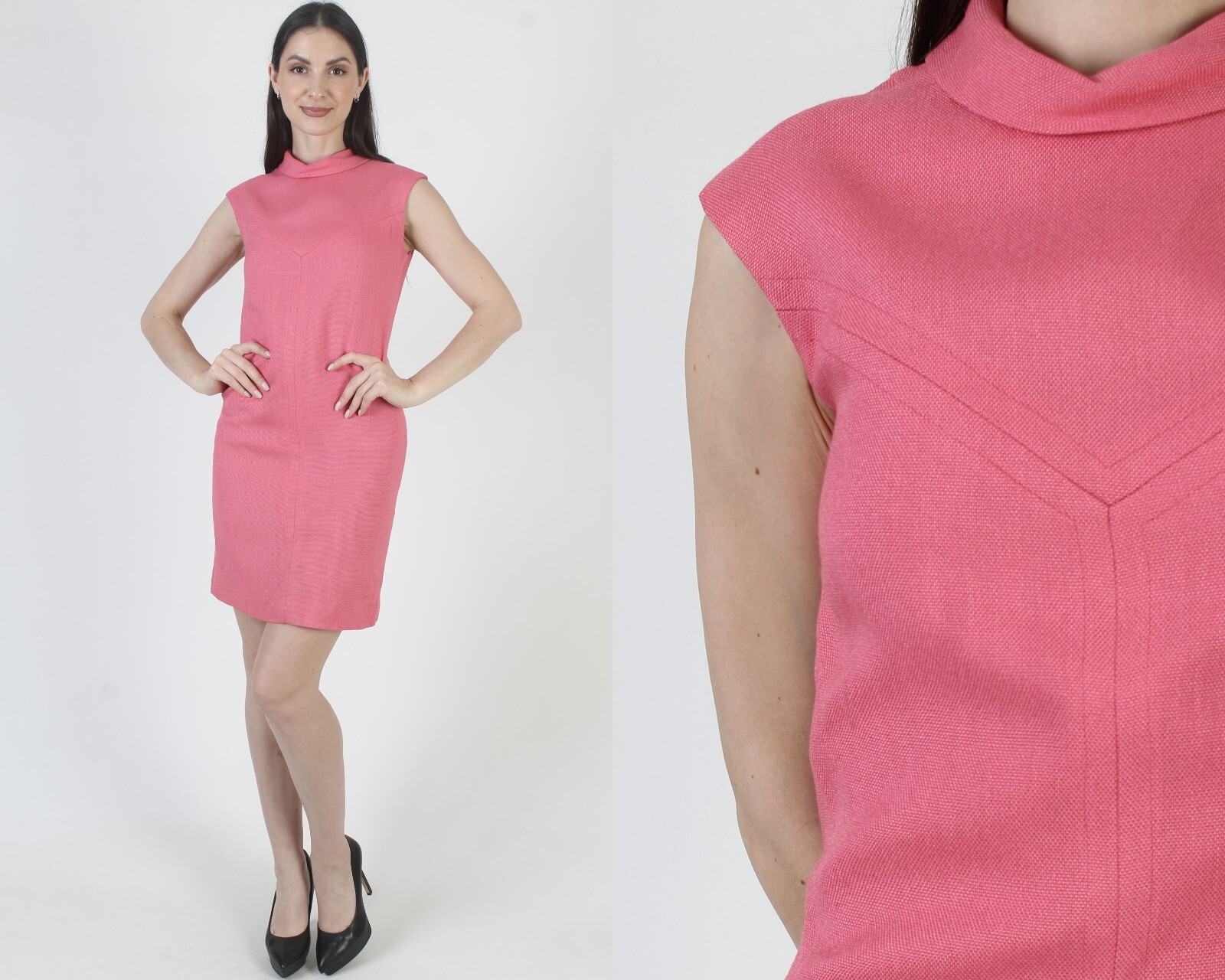 Vintage Plain Pink 60s Dress Monochrome Uniform Slim Wiggle Pencil Mod Mini