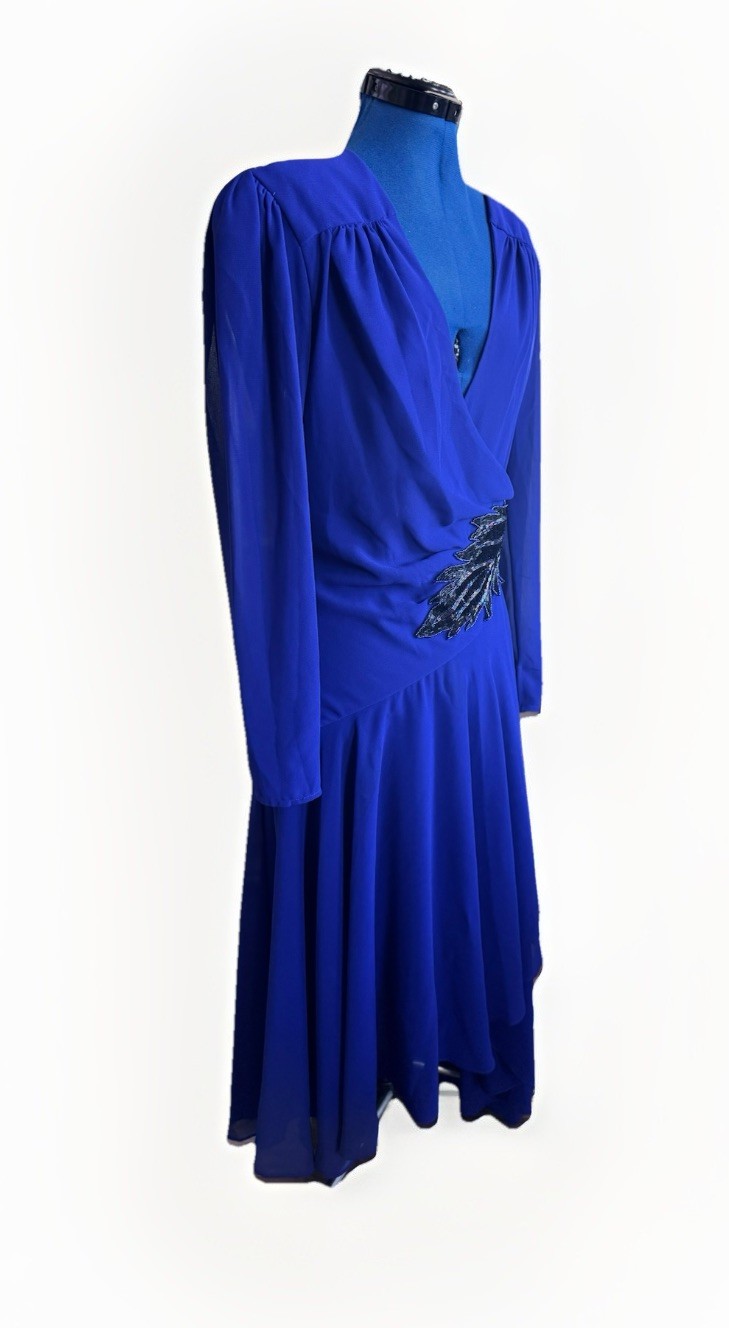 Vintage 80s Casadei Blue Long Sleeve Beaded Sequin Waist Fit Flair Midi Dress 10