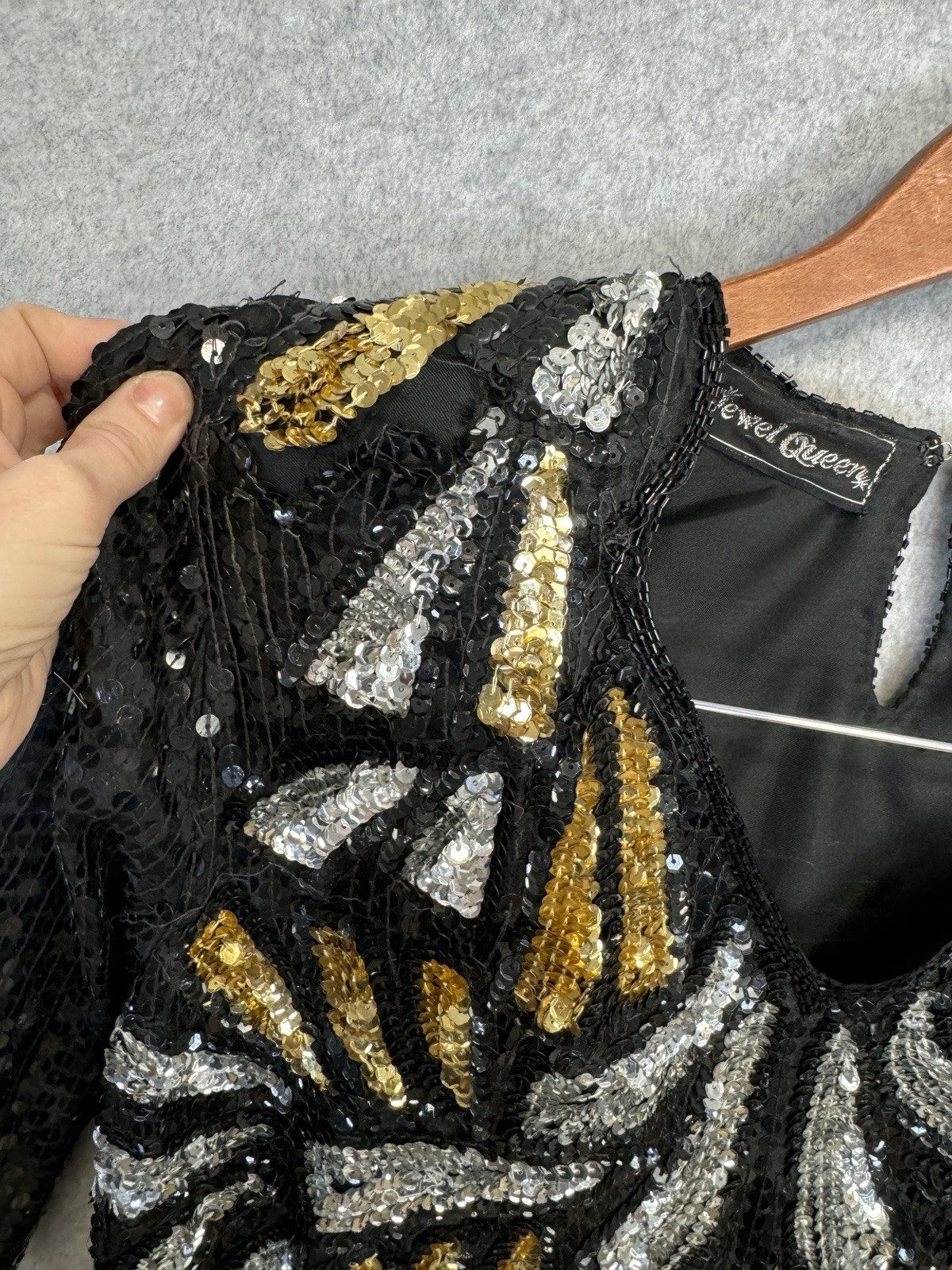VTG 80s Jewel Queen Black Gold Sequin Beaded Silk Dress Art Deco Statement Piece