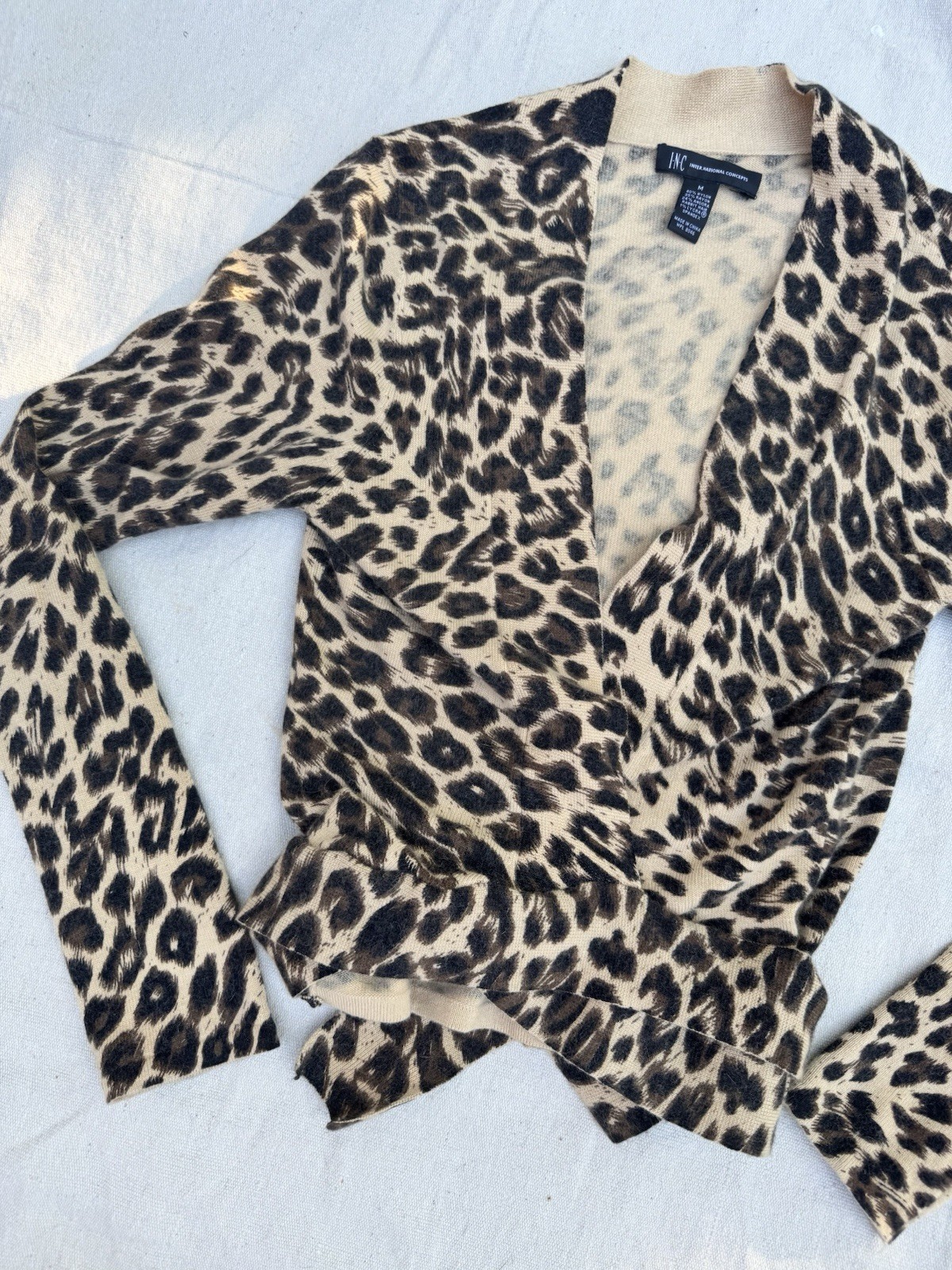 Vintage 1990s Y2K Leopard Print Wrap Top Angora Sweater Animal Print