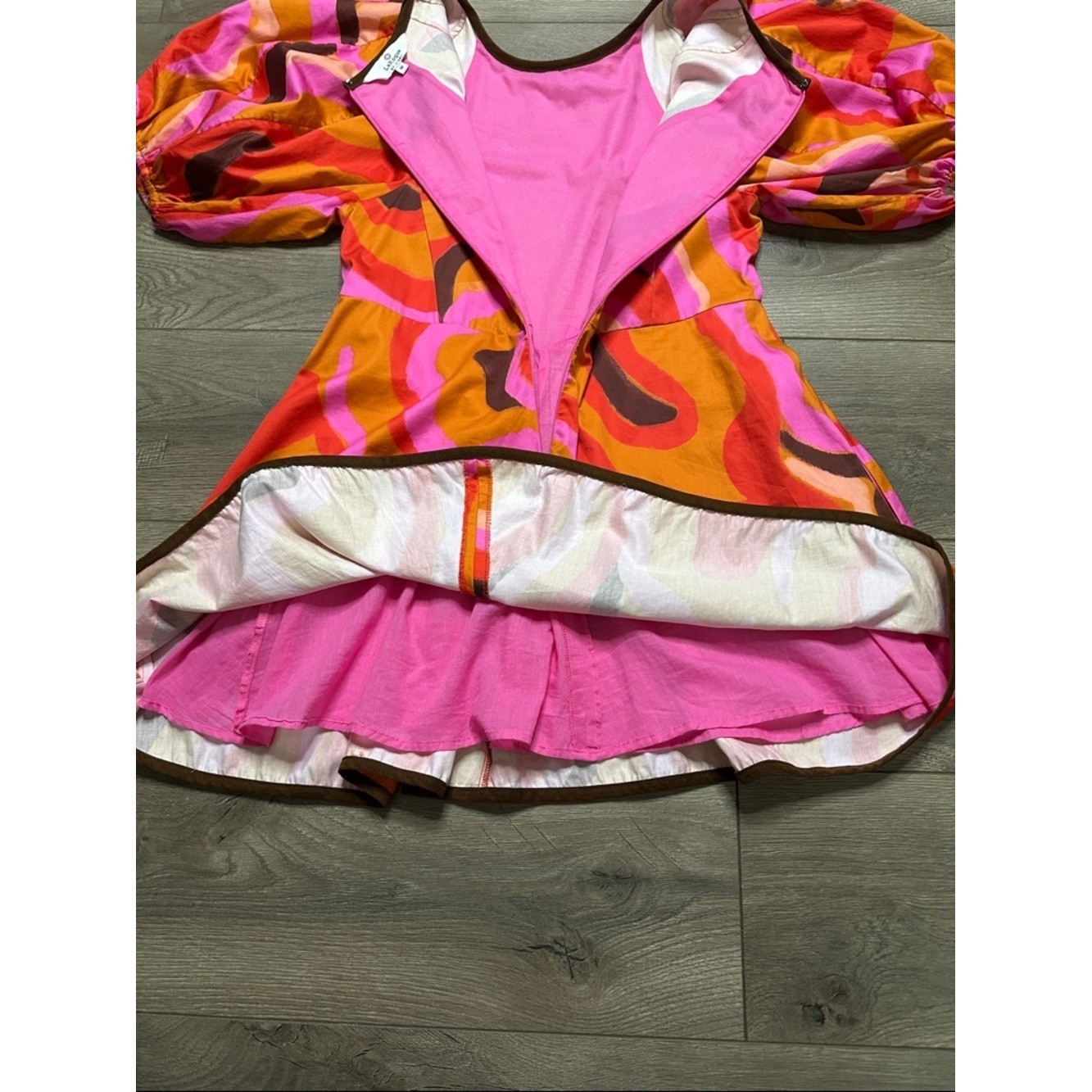 LaRoque Juliette Retro Mini Pocket Dress Puff Sleeves Orange Pink Groovy Medium