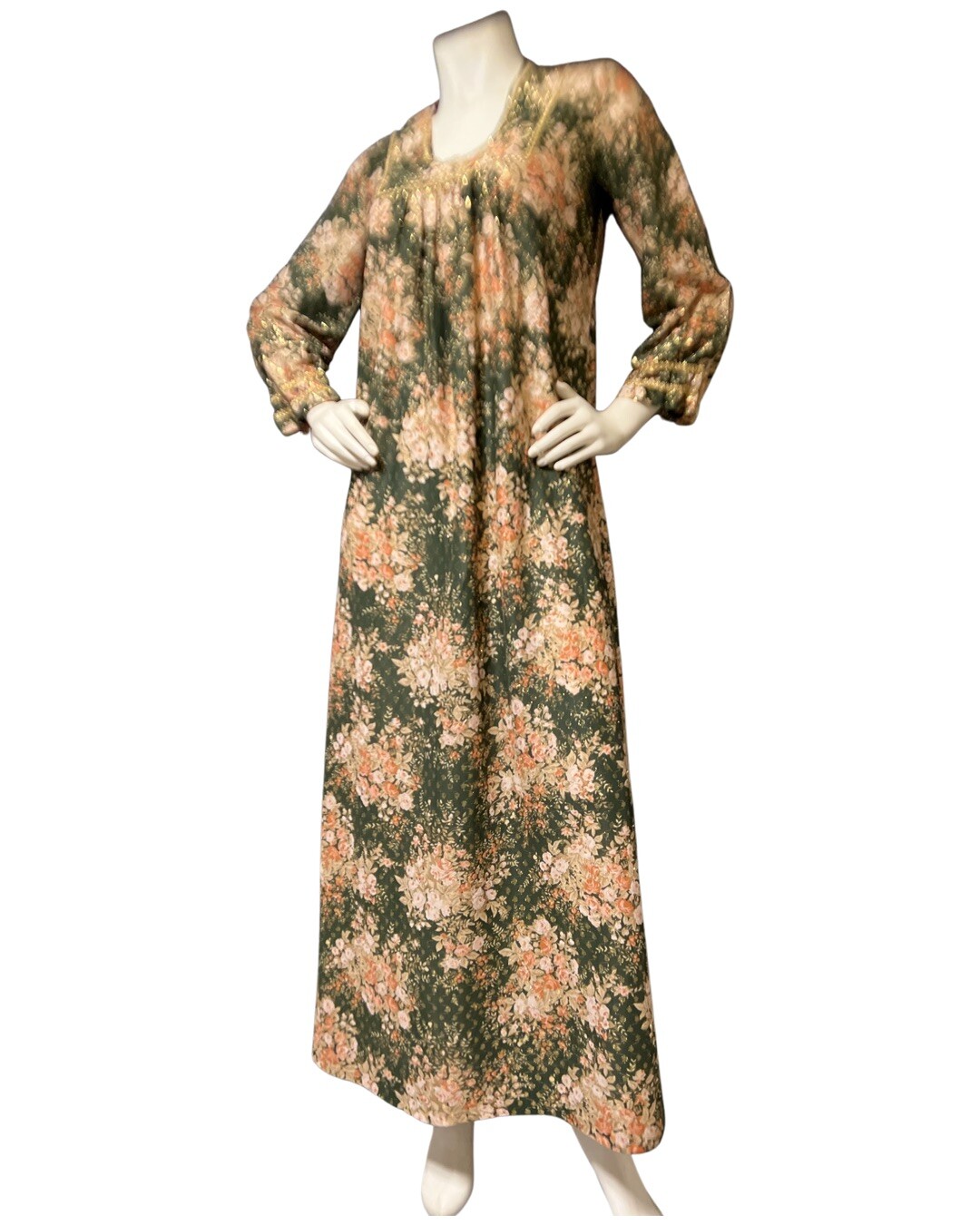 60s Vintage Green Gold Metallic Lame Floral Bouquet Caftan Dress S/M MAXI