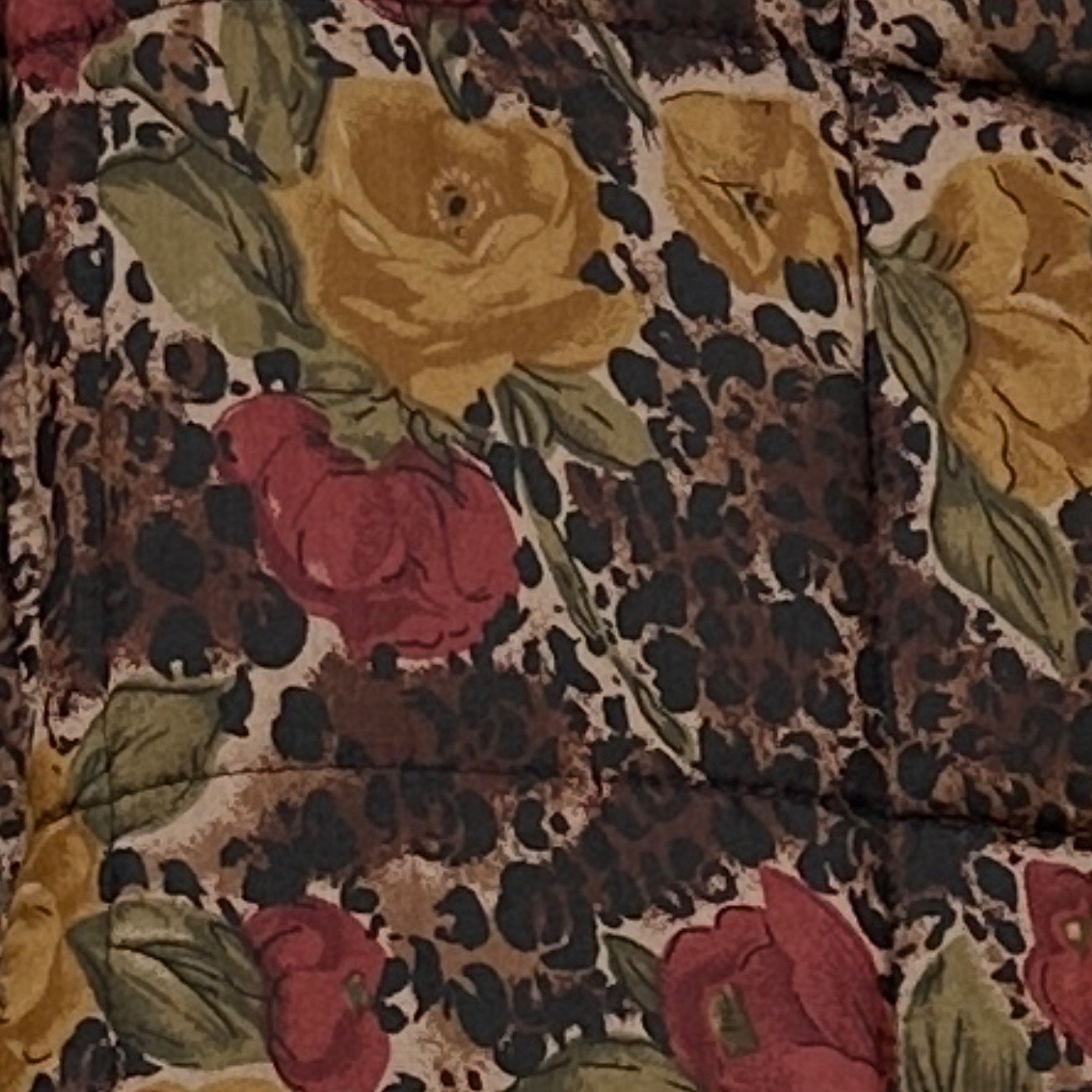 VTG 90s Anna and Frank Silk Quilted Jacket Large Leopard Floral Puffer Coat Warm