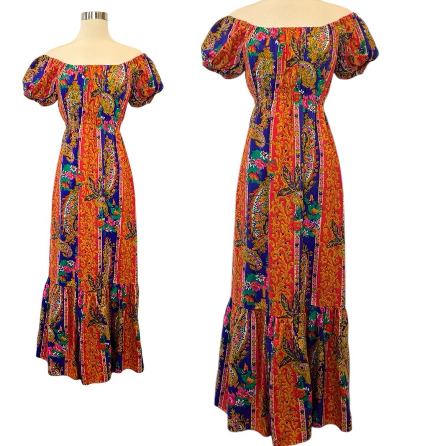 Vintage Cracker Jax Boho Peasant Paisley Print Prairie Festival Maxi Gown Dress