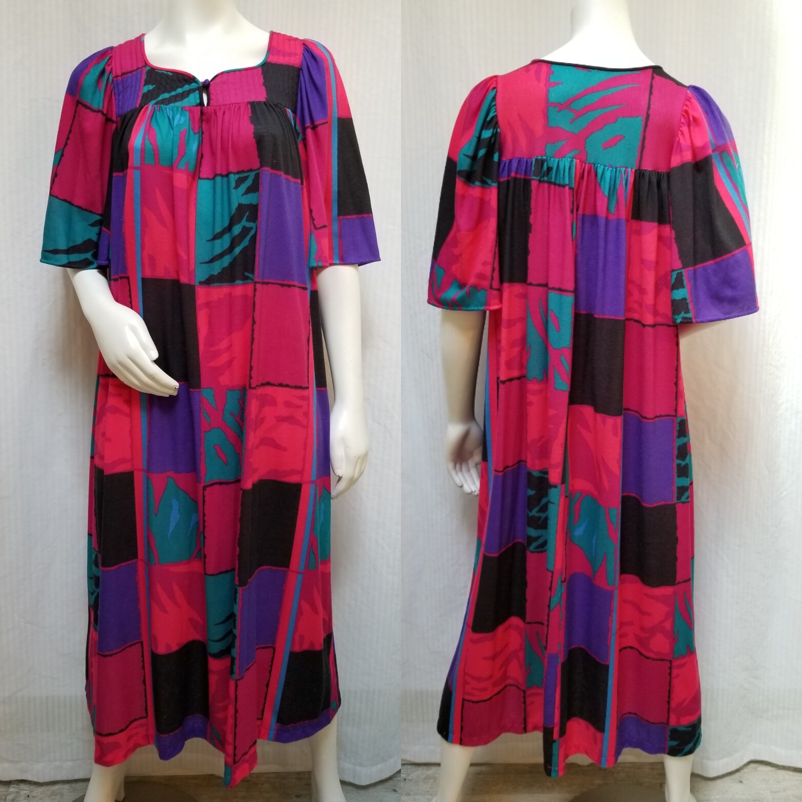 Vintage Pink Purple Turquoise Black Knit Nightgown Lounge Dress – Size M