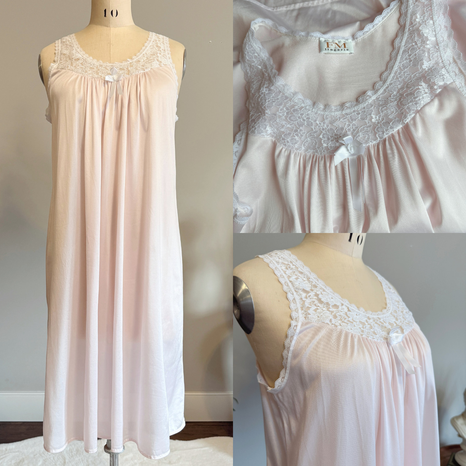 Vintage Blush Pink Nylon Nightgown Lace Yoke Sleeveless Slip Dress Coquette Sz S